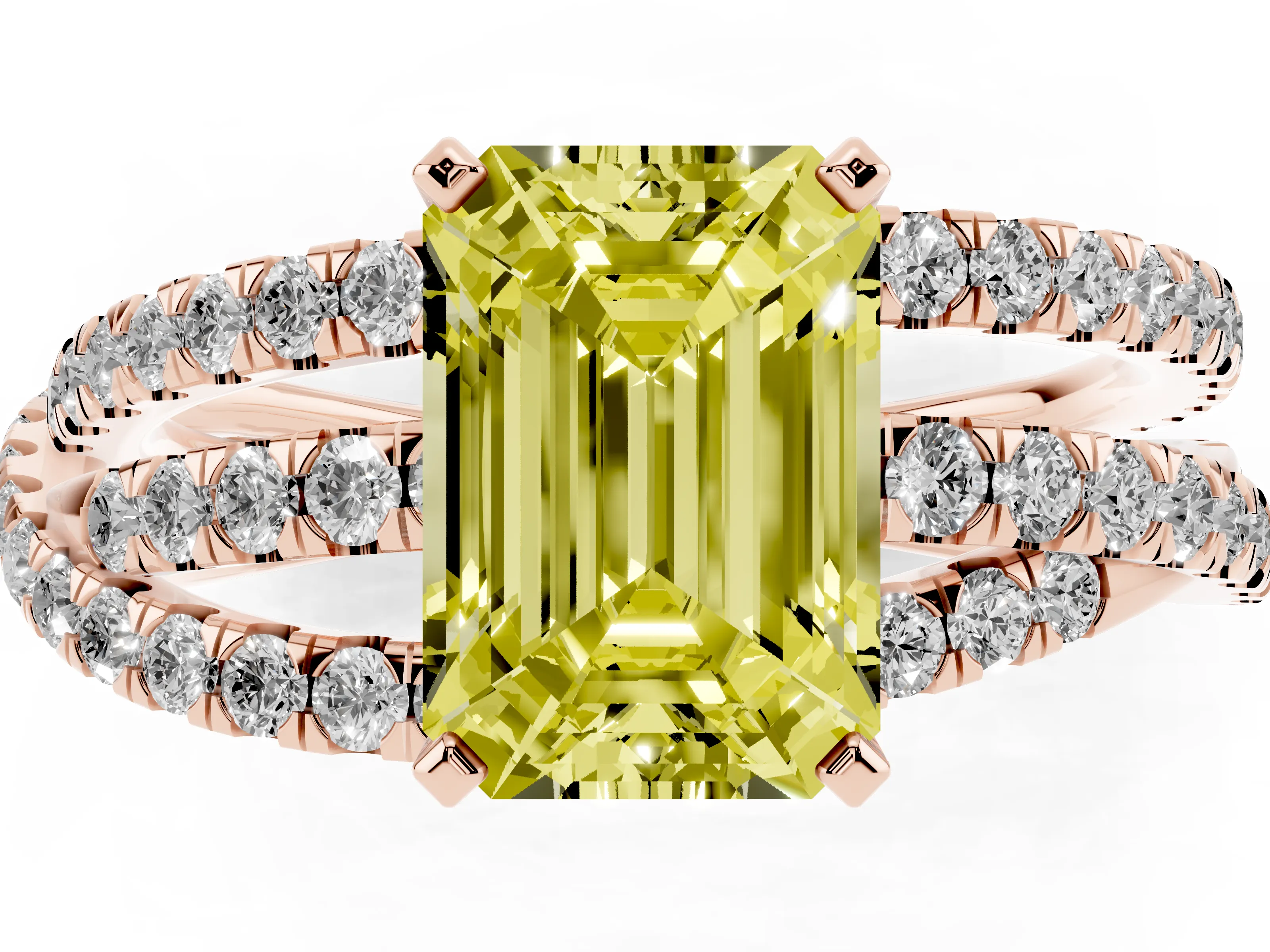 Fancy Yellow Emerald Cut Diamond Solitaire Twist Band Ring Set in Rose gold with Pavé Setting and Prong Head