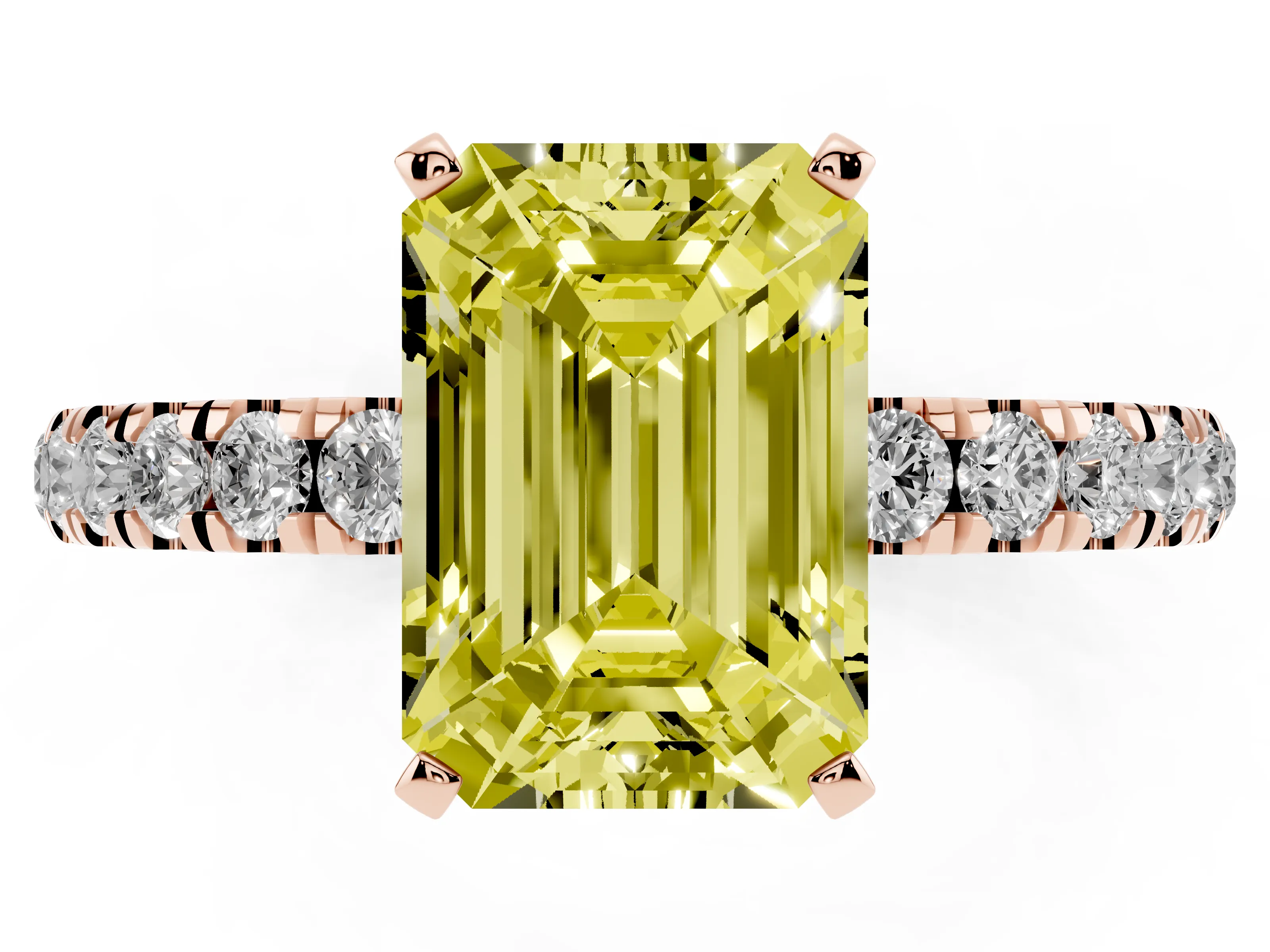 Fancy Yellow Emerald Cut Diamond Solitaire Ring Set in Rose gold with Pavé Accents and Prong Setting