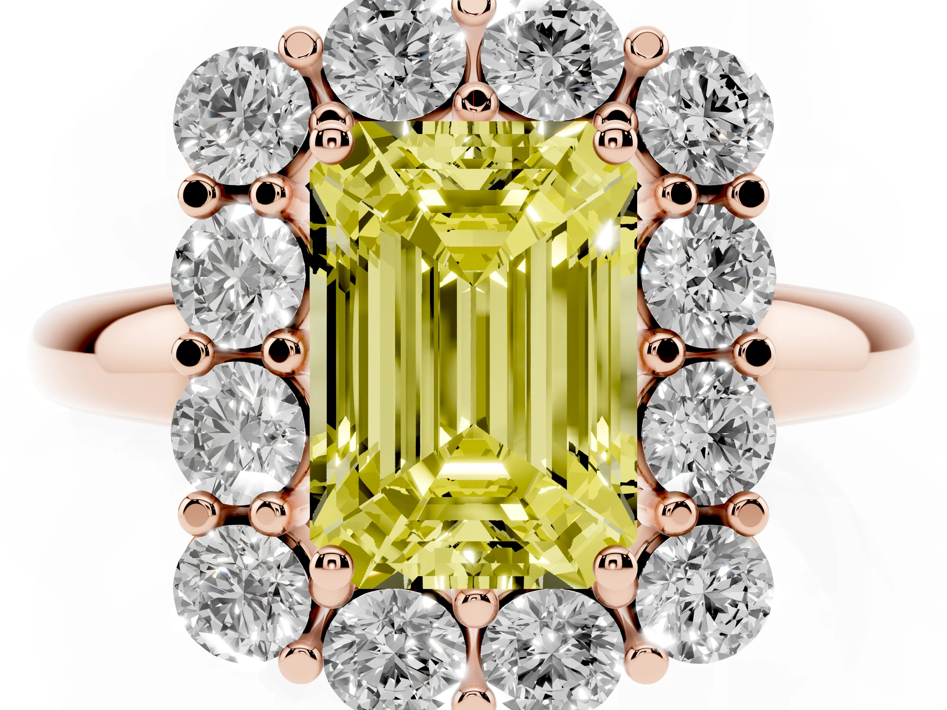 Fancy Yellow Emerald Cut Diamond Halo Cluster Engagement Ring Set in Rose gold with Polished Band and Prong Setting