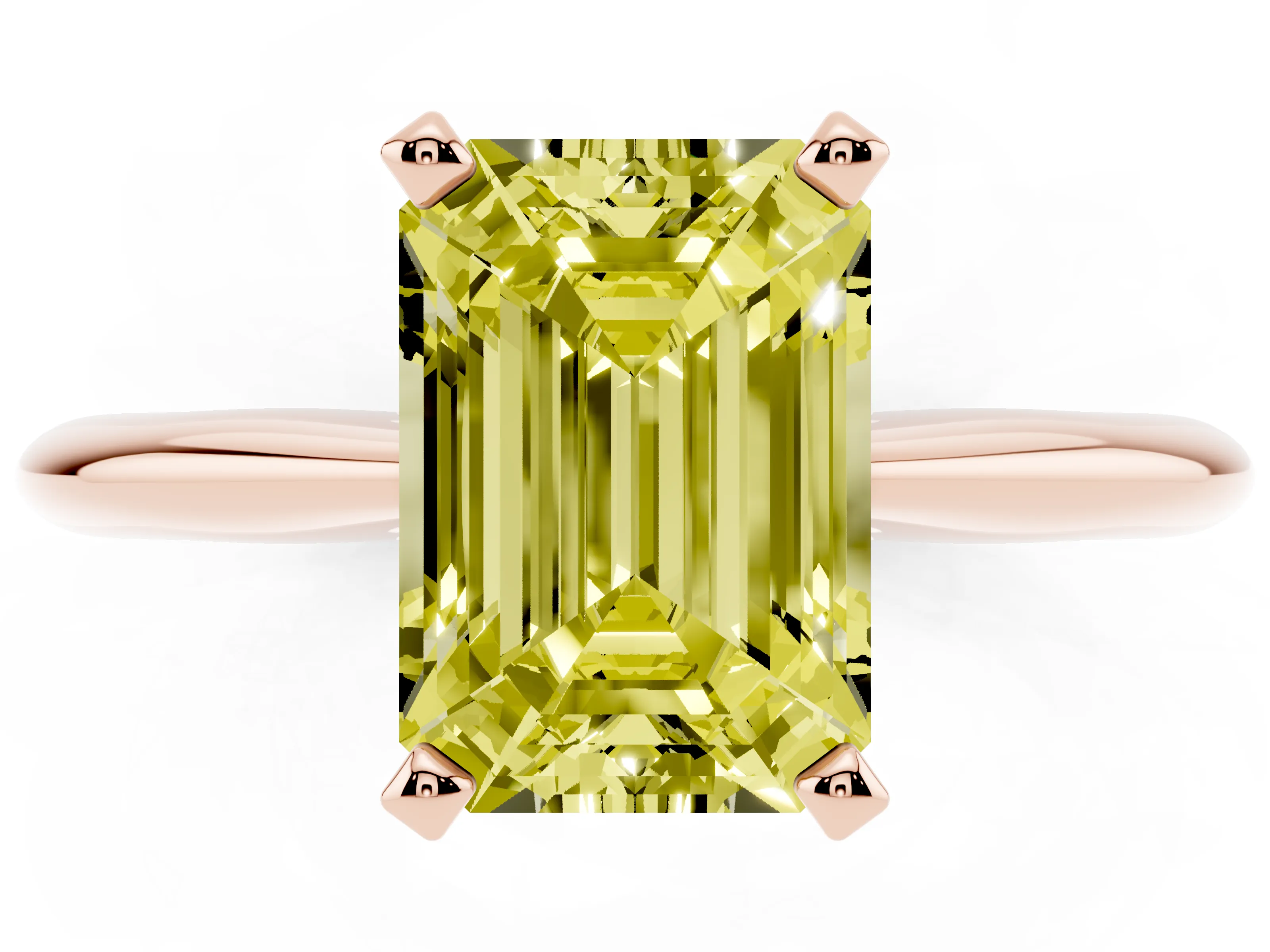 Fancy Yellow Emerald Cut Diamond Solitaire Ring Set in Rose gold with Prong Setting on a Plain Round Band
