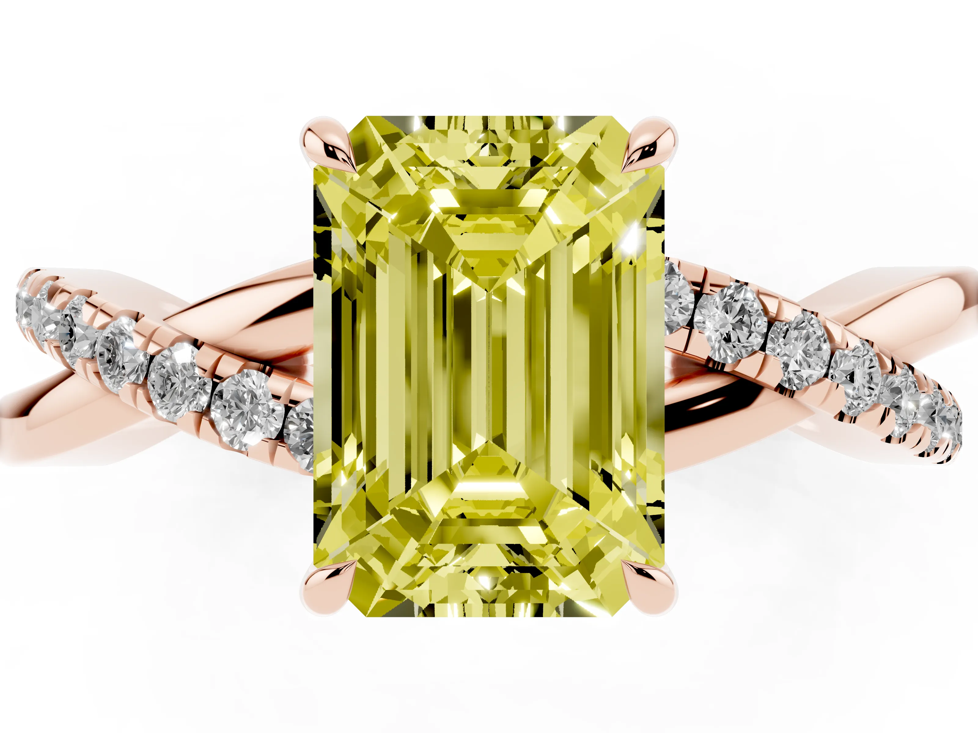 Fancy Yellow Emerald Cut Diamond Twisted Pavé Band Ring Set in Rose gold with Prong Setting