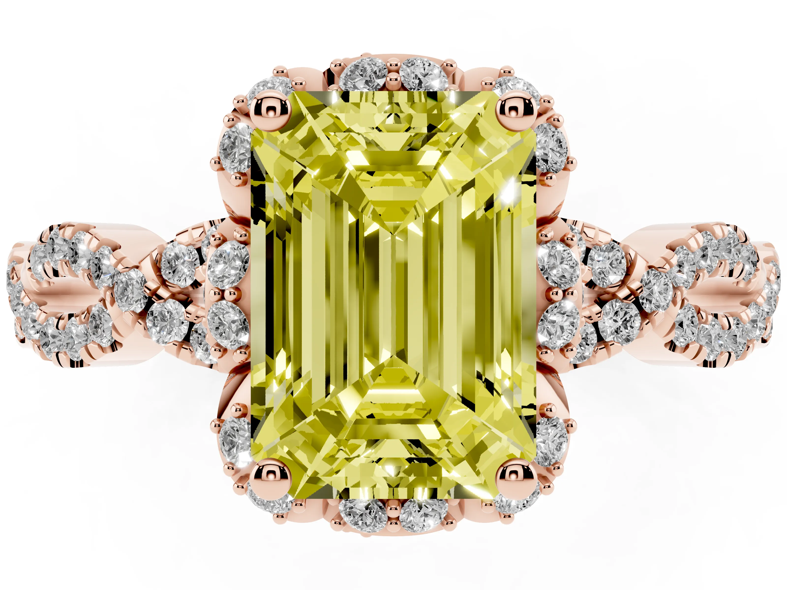 Fancy Yellow Emerald Cut Diamond Halo Twist Band Solitaire Ring Set in Rose gold with Prong-Set Center Stone