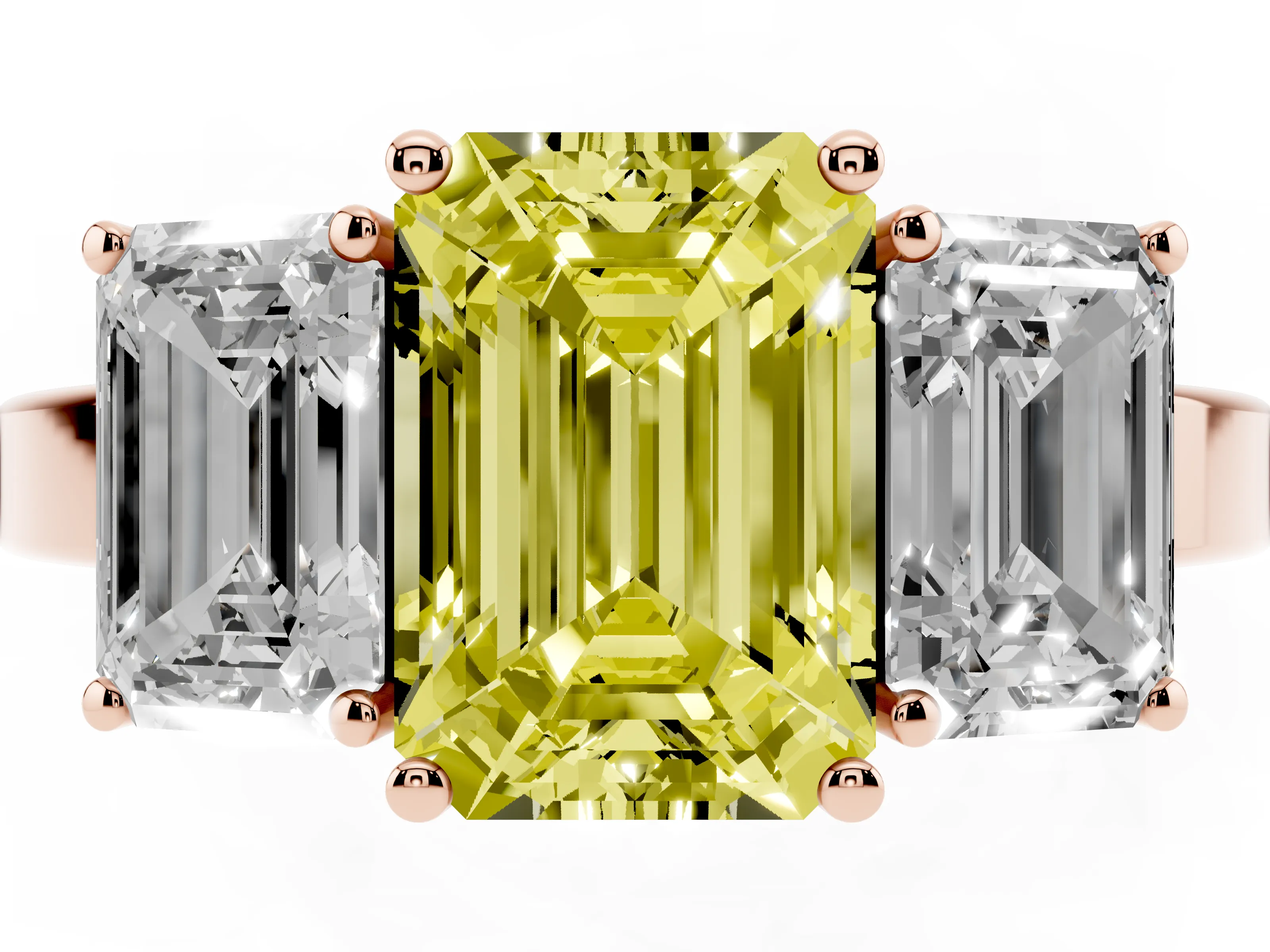 Fancy Yellow Emerald Cut Diamond Three-Stone Engagement Ring Set in Rose gold with Flat Band
