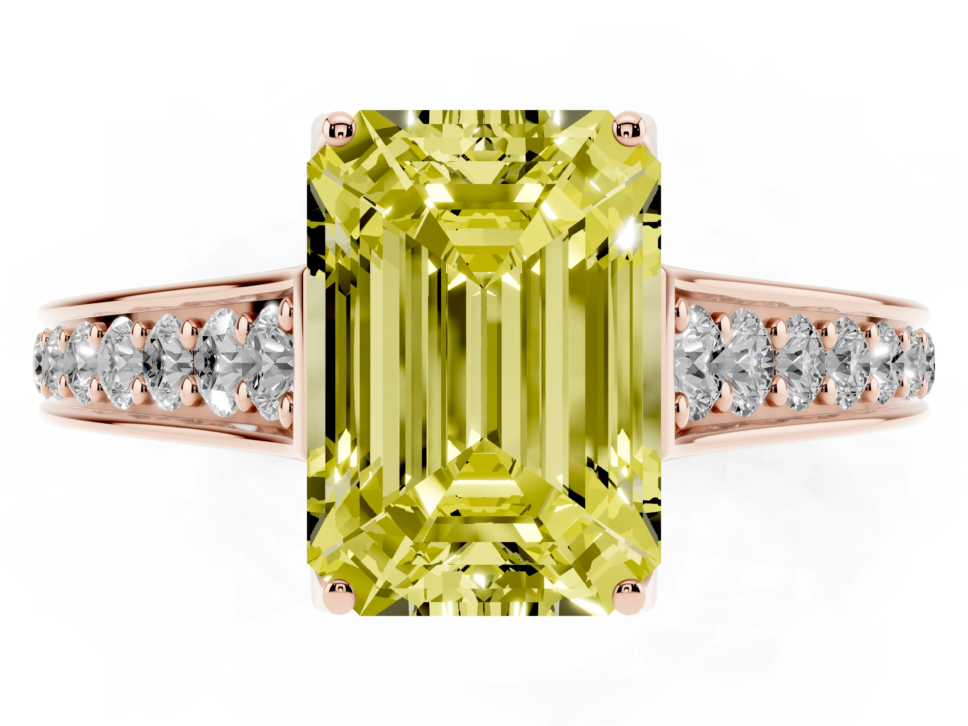 Fancy Yellow Emerald Cut Diamond Solitaire Pavé Engagement Ring Set in Rose gold with Prong Setting