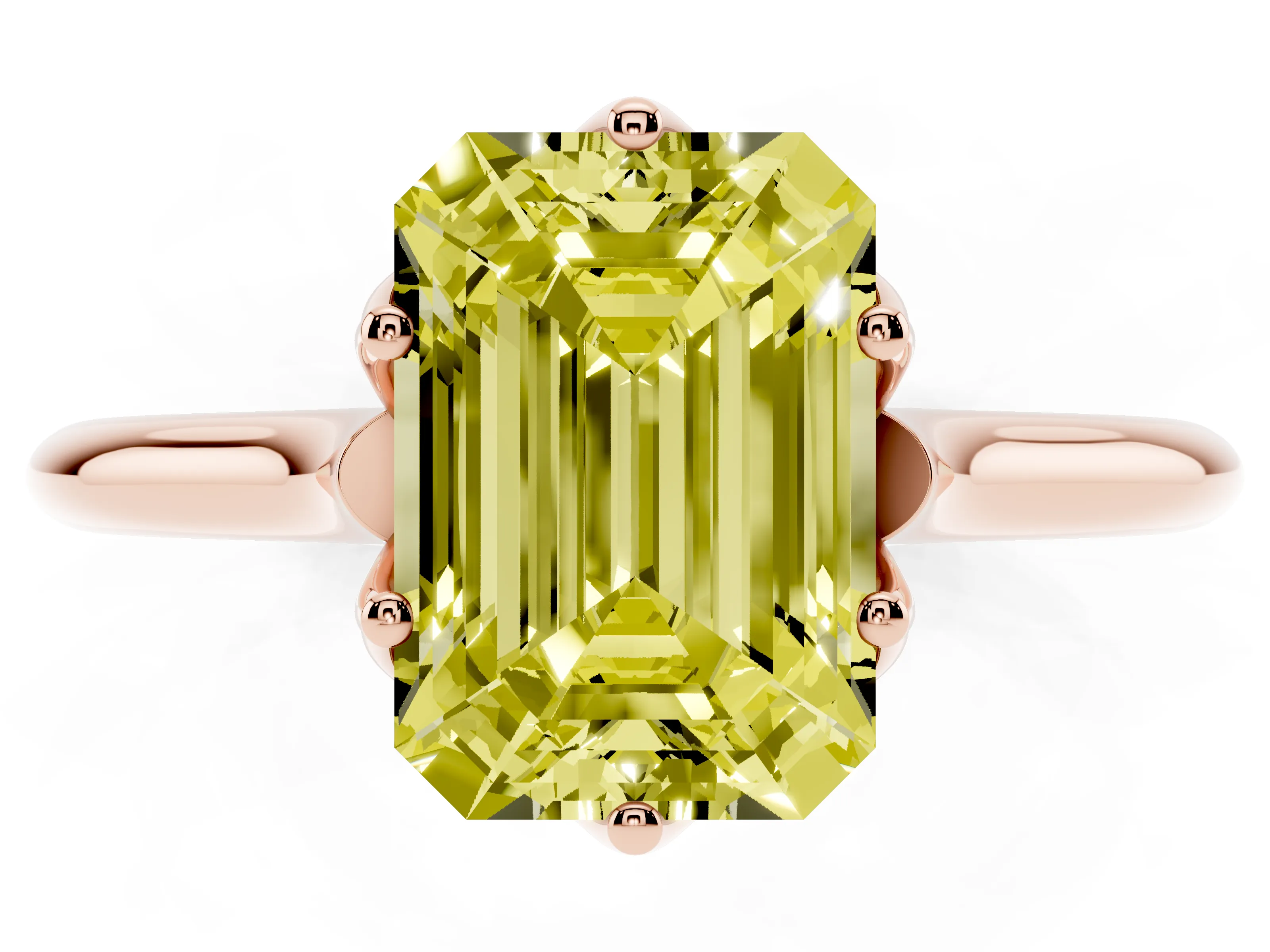 Fancy Yellow Emerald Cut Diamond Solitaire Cathedral Ring Set in Rose gold with Prong Setting