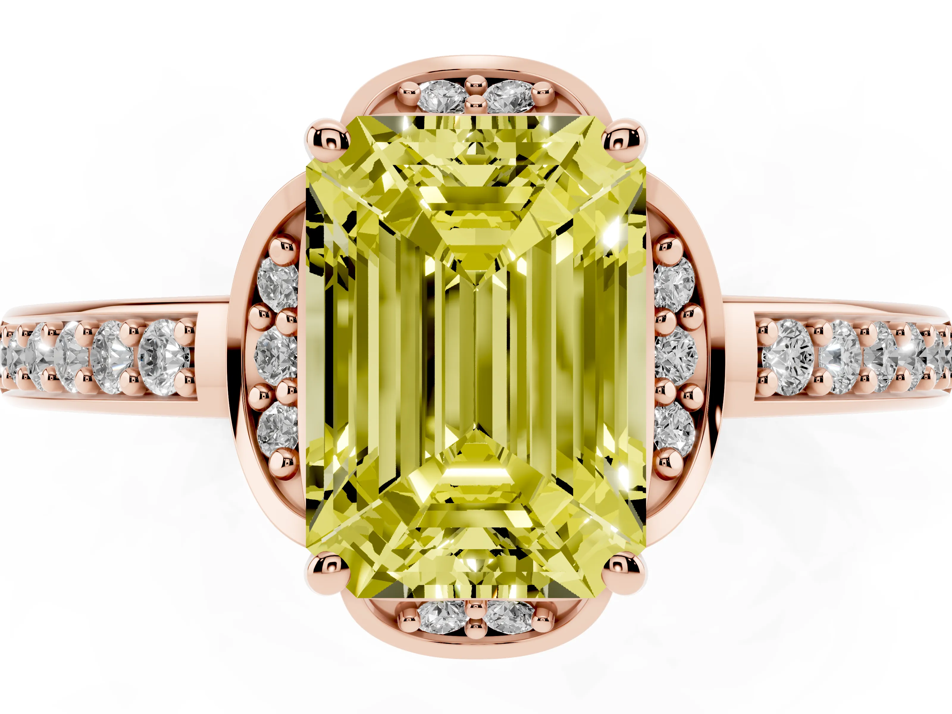 Fancy Yellow Emerald Cut Diamond Halo Ring Set in Rose gold with Channel Set Band and Prong Setting