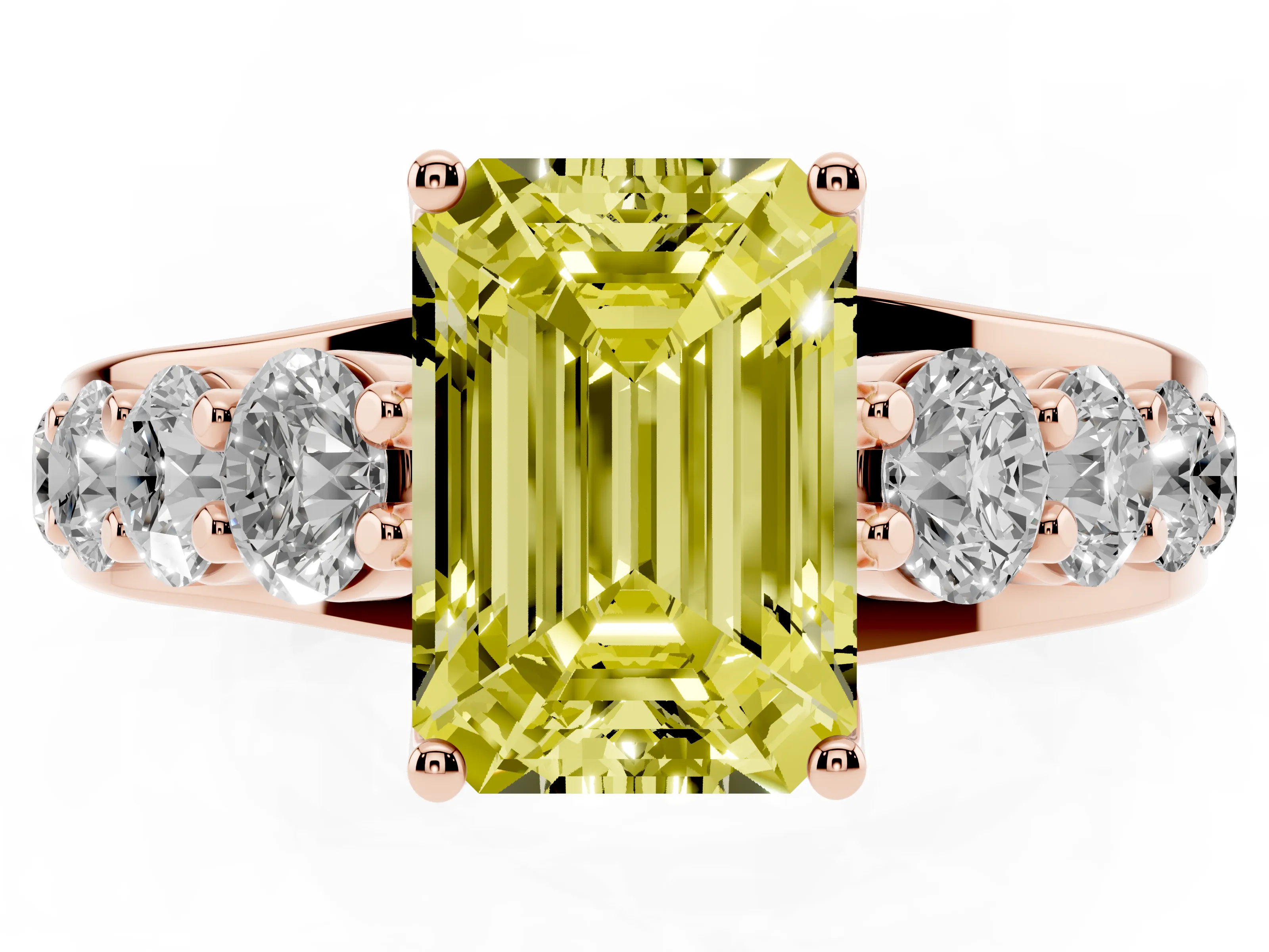 Fancy Yellow Emerald Cut Diamond Pavé Engagement Ring Set in Rose gold with Prong Setting