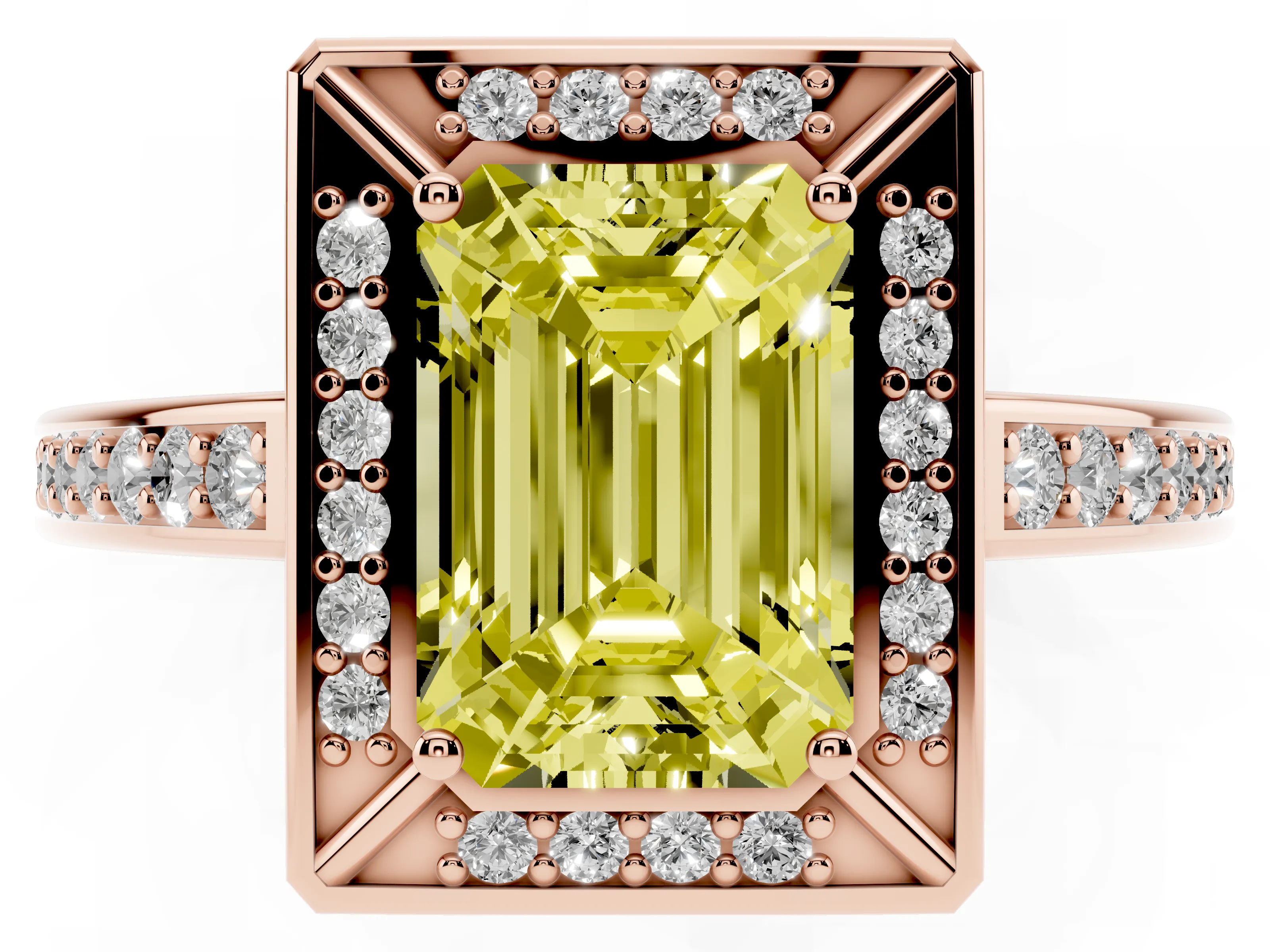Fancy Yellow Emerald Cut Diamond Halo Pavé Split Shank Ring Set in Rose gold with Prong Setting
