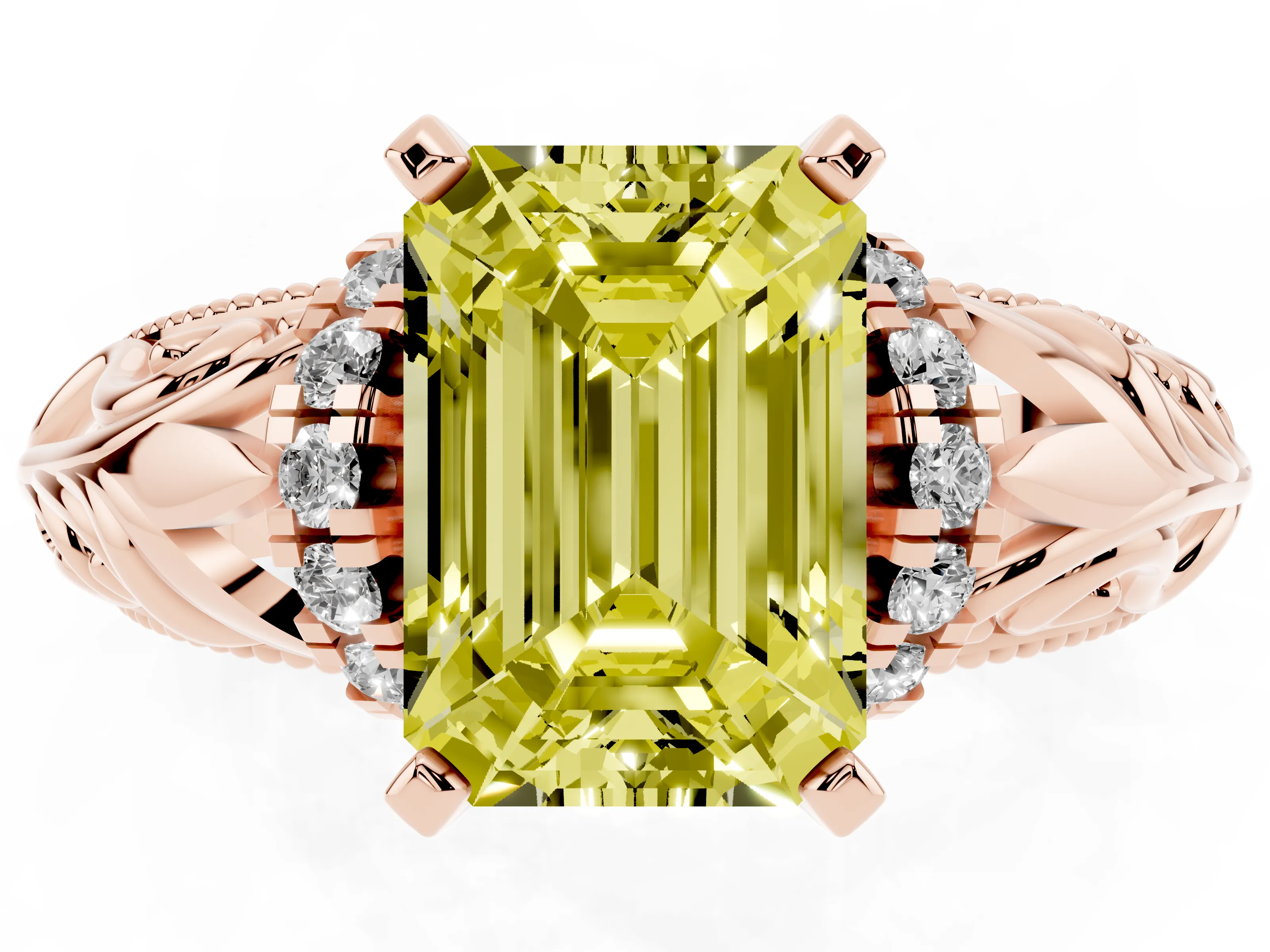 Fancy Yellow Emerald Cut Diamond Filigree Halo Engagement Ring Set in Rose gold with Prong Setting
