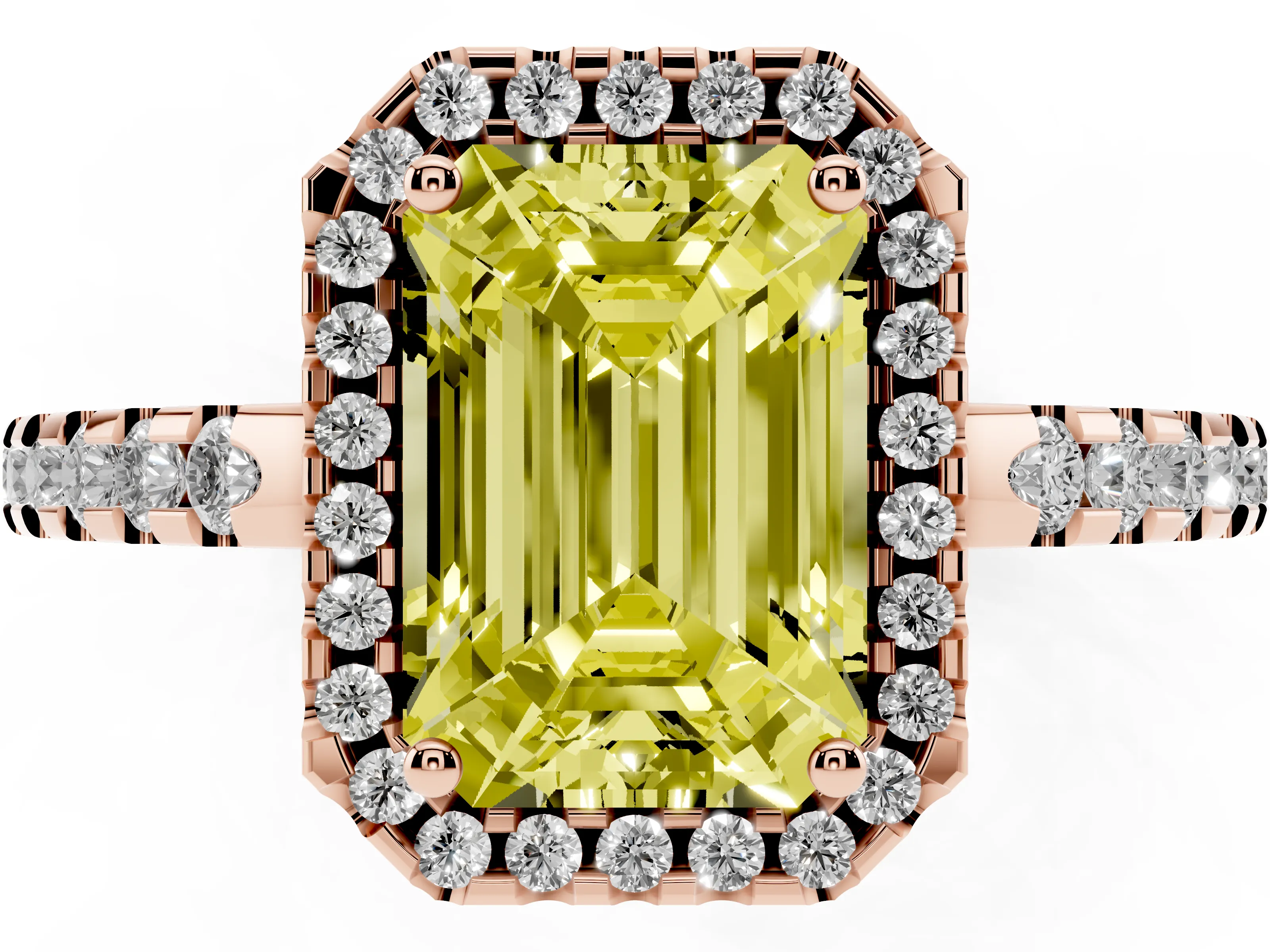 Fancy Yellow Emerald Cut Diamond Halo Ring Set in Rose gold with Pavé Shoulders and Halo-Framed Center