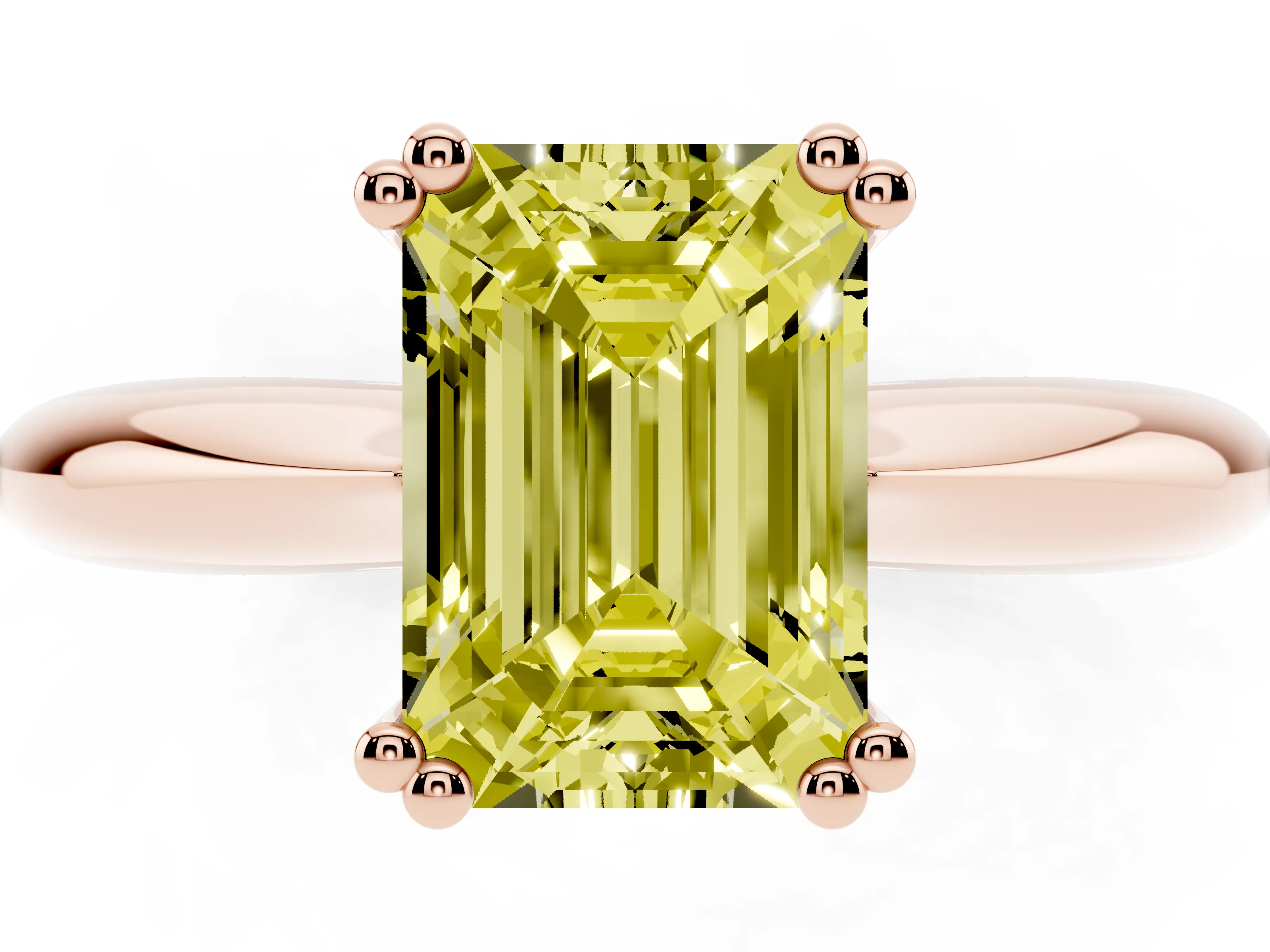 Fancy Yellow Emerald Cut Diamond Solitaire Engagement Ring Set in Rose gold with Tapered Band and Prong Setting