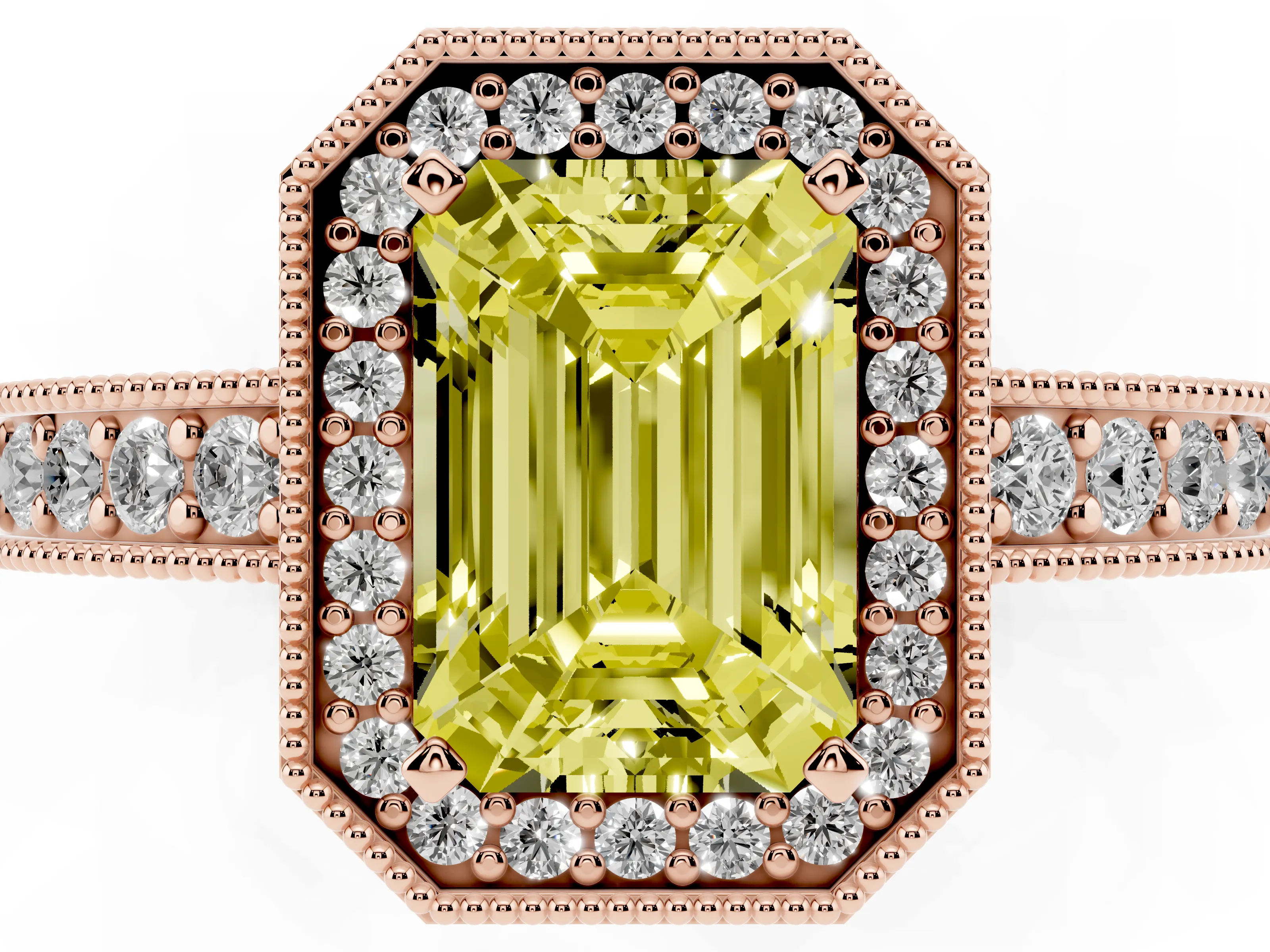 Fancy Yellow Emerald Cut Diamond Halo Pavé Band Ring Set in Rose gold with Prong-Set Center