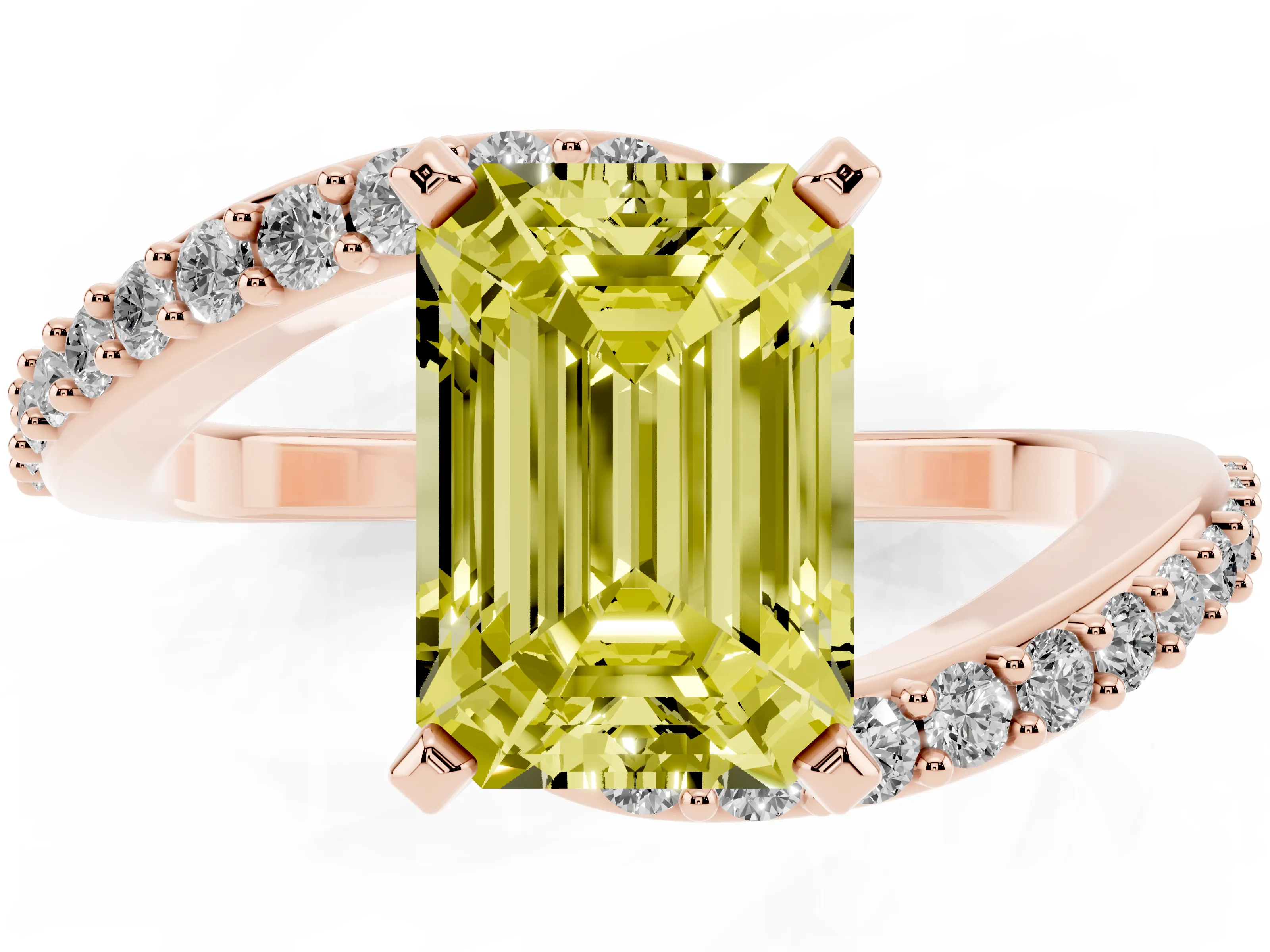 Fancy Yellow Emerald Cut Diamond Solitaire Ring Set in Rose gold with Pavé Twist Band and Prong Setting