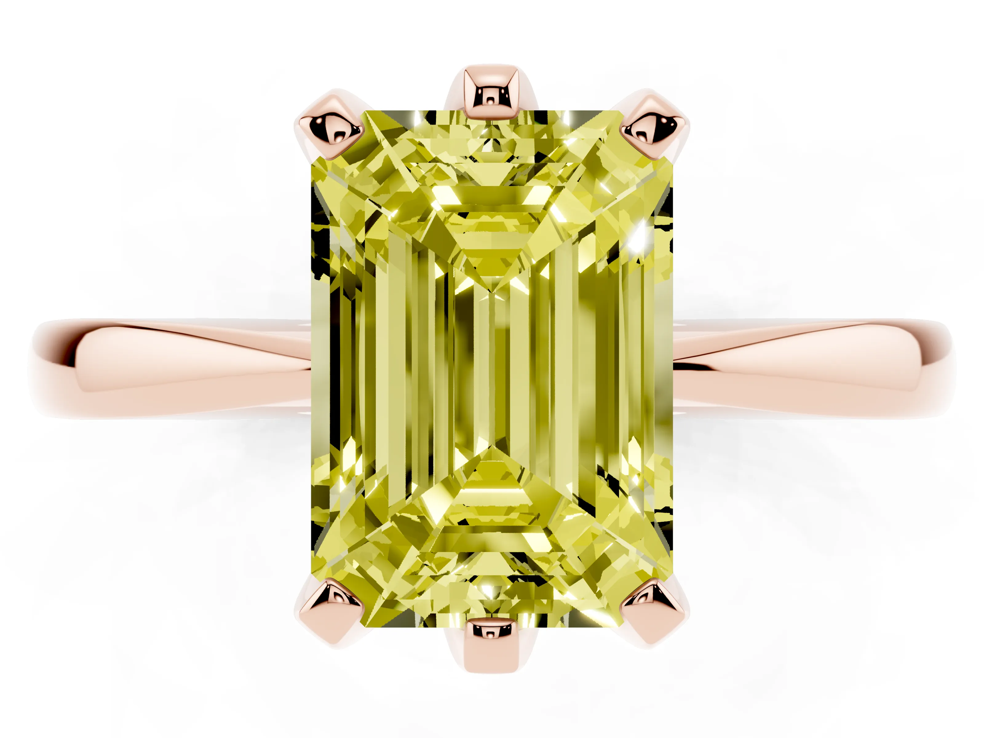 Fancy Yellow Emerald Cut Diamond Solitaire Engagement Ring Set in Rose gold with Slim Tapered Solitaire Band