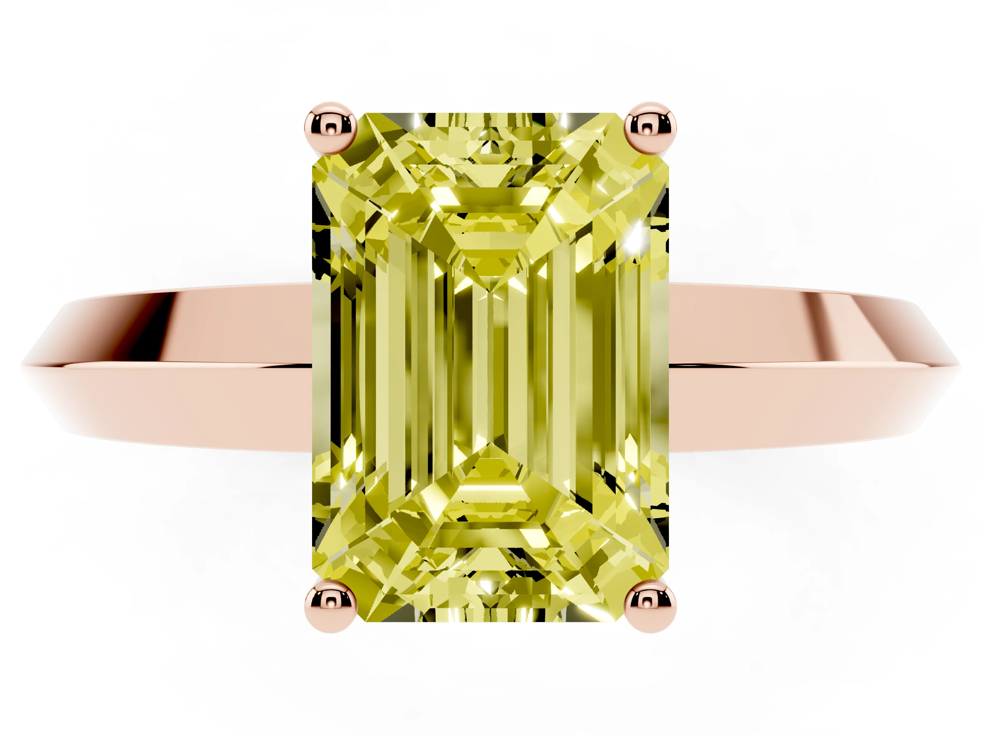 Fancy Yellow Emerald Cut Diamond Solitaire Engagement Ring Set in Rose gold with Flat Band and Prong Setting
