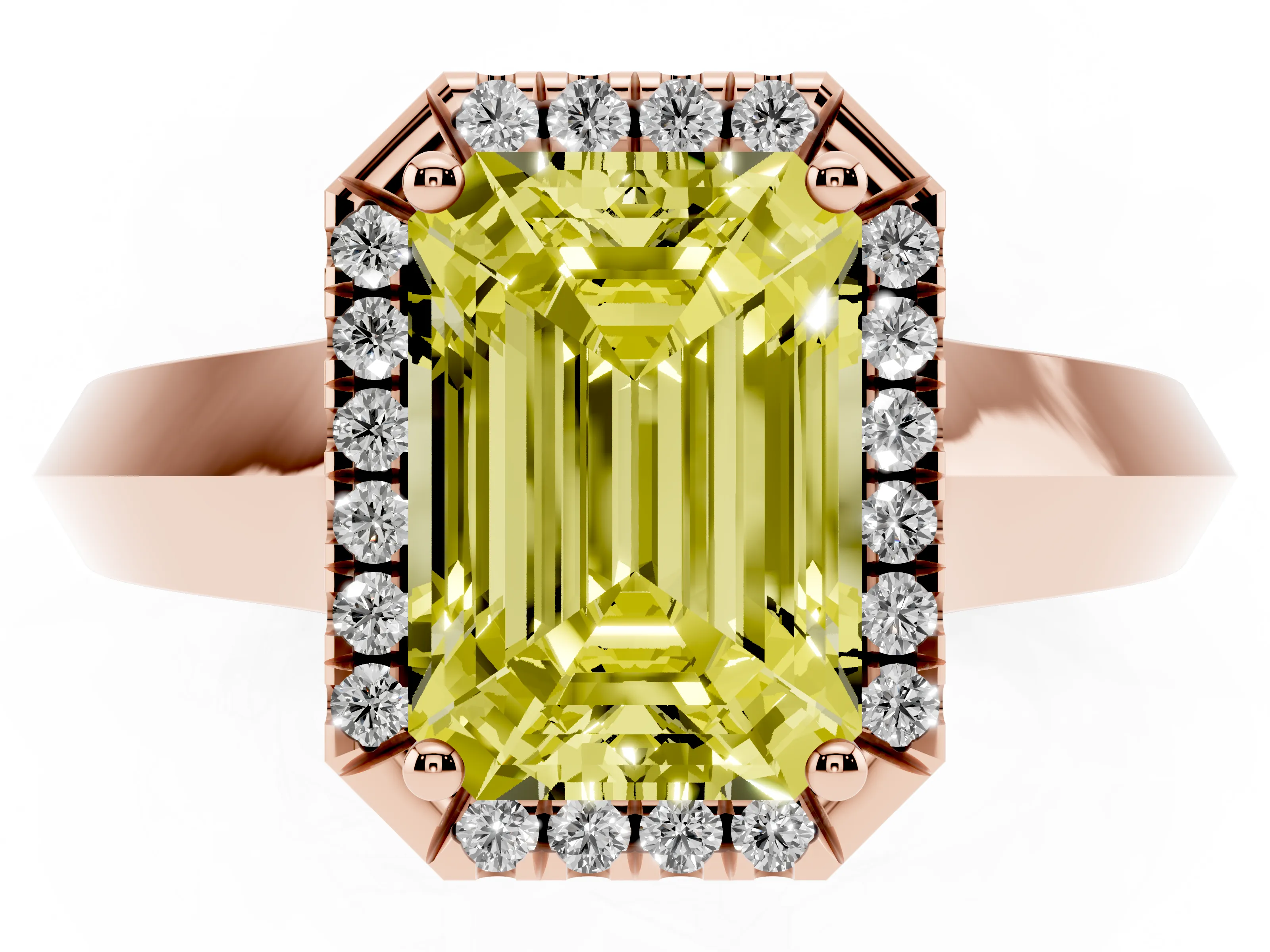 Fancy Yellow Emerald Cut Diamond Halo Ring Set in Rose gold with Cathedral Band and Prong Setting