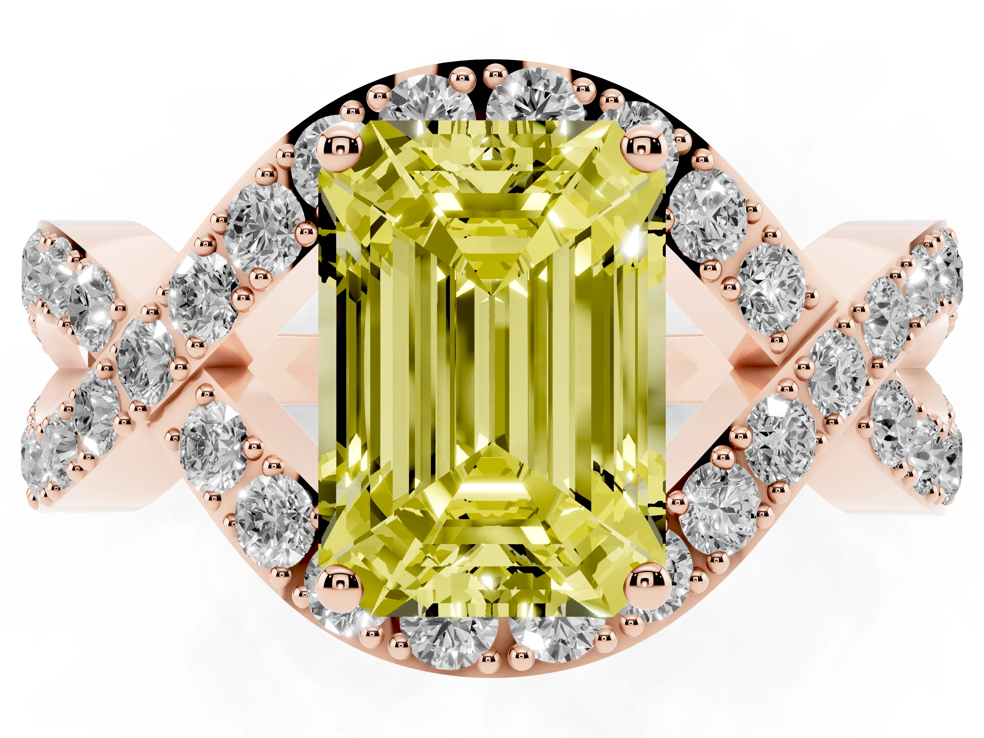 Fancy Yellow Emerald Cut Diamond Solitaire Twist Band Pavé Engagement Ring Set in Rose gold