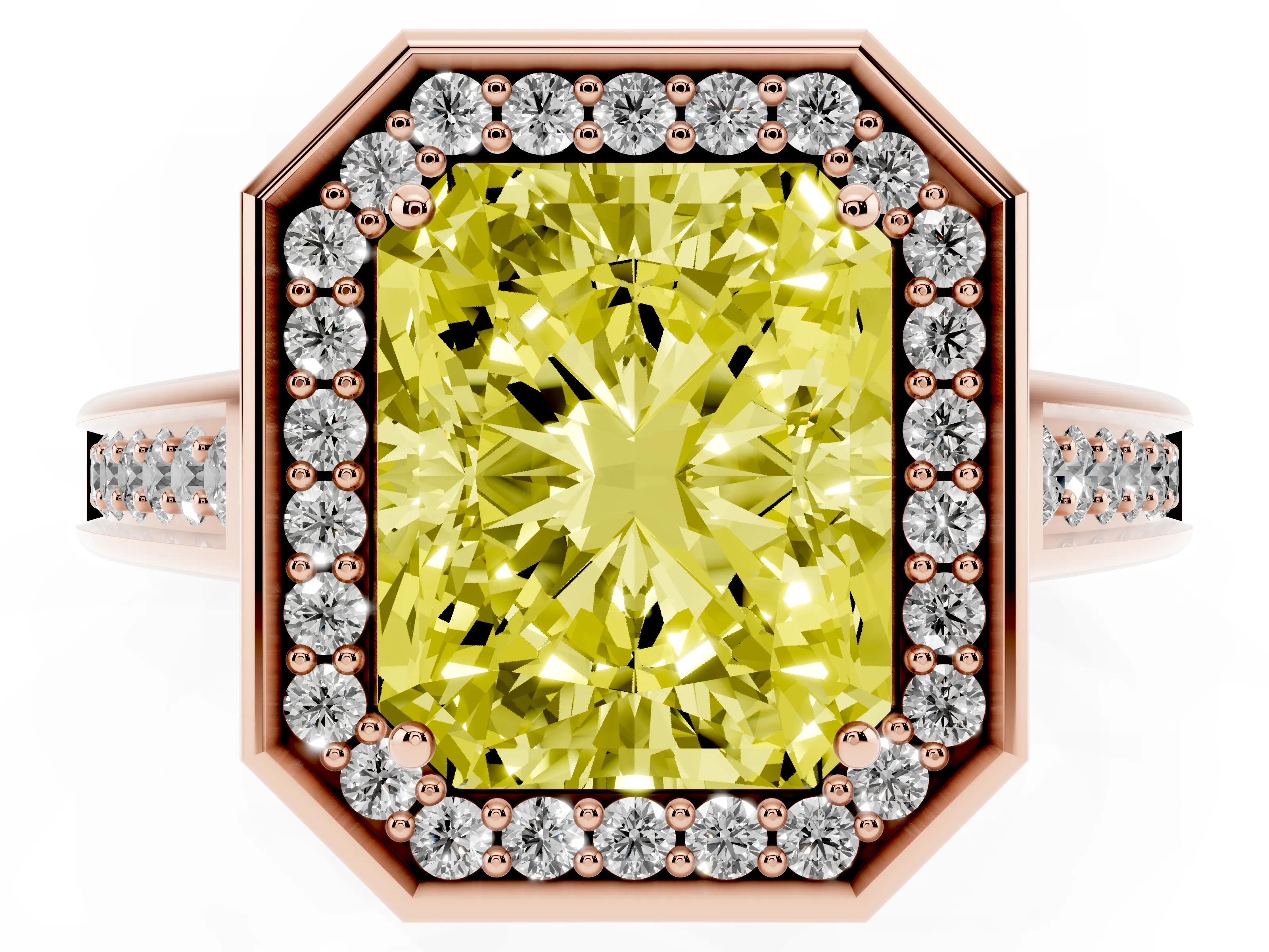 Fancy Yellow Emerald Cut Diamond Halo Solitaire Ring Set in Rose gold with Pavé Band and Bezel Setting