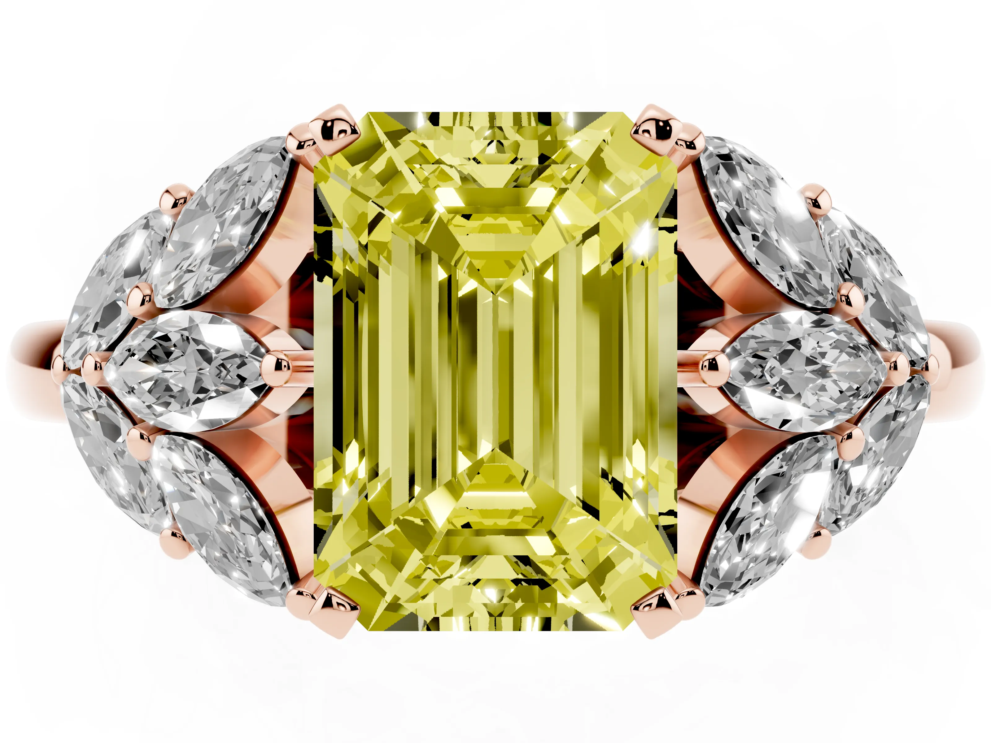 Fancy Yellow Emerald Cut Diamond Cluster Leaf Design Ring Set in Rose gold with Prong Setting