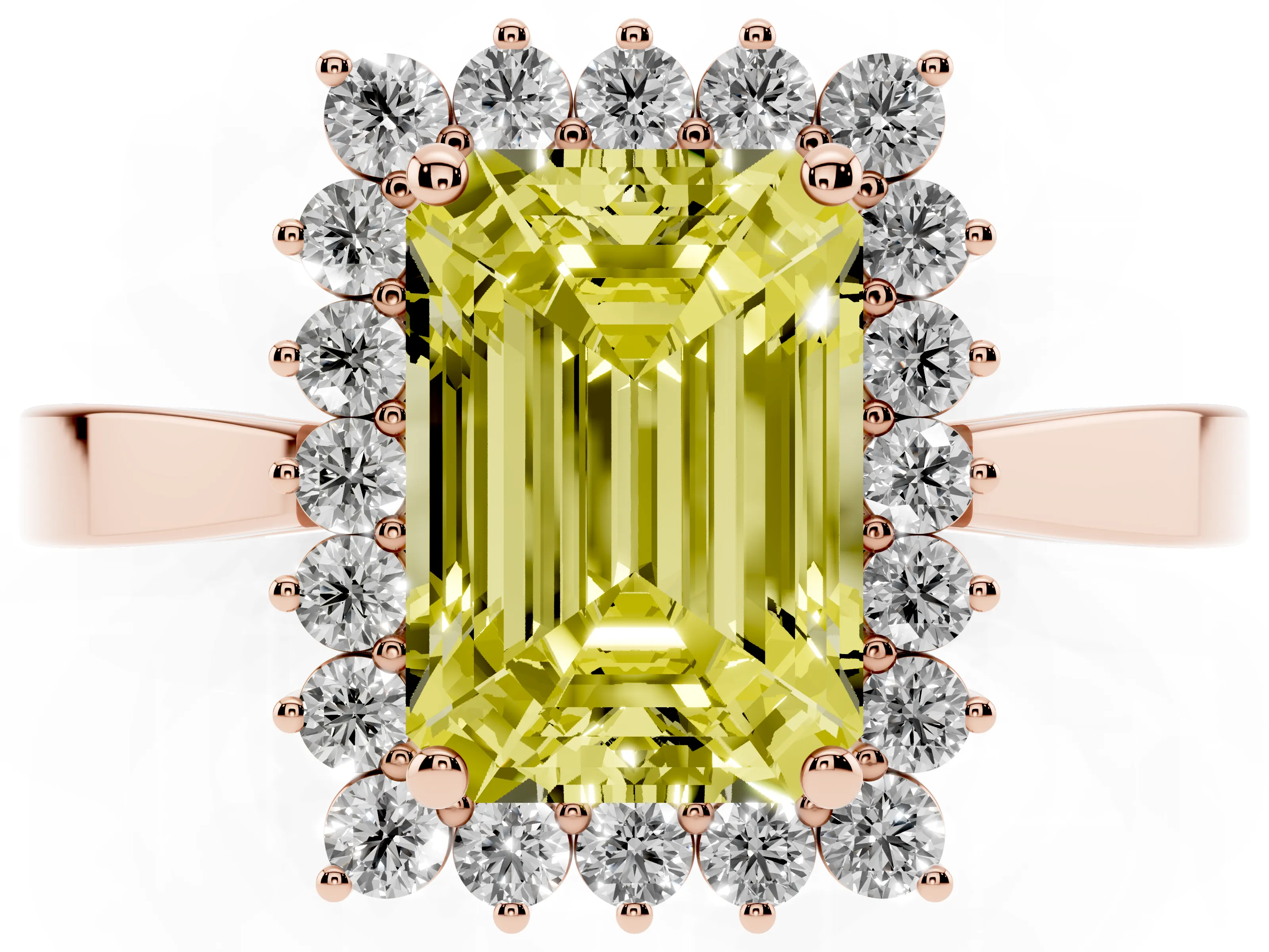 Fancy Yellow Emerald Cut Diamond Halo Ring Set in Rose gold with Round Halo and Smooth Solitaire Band