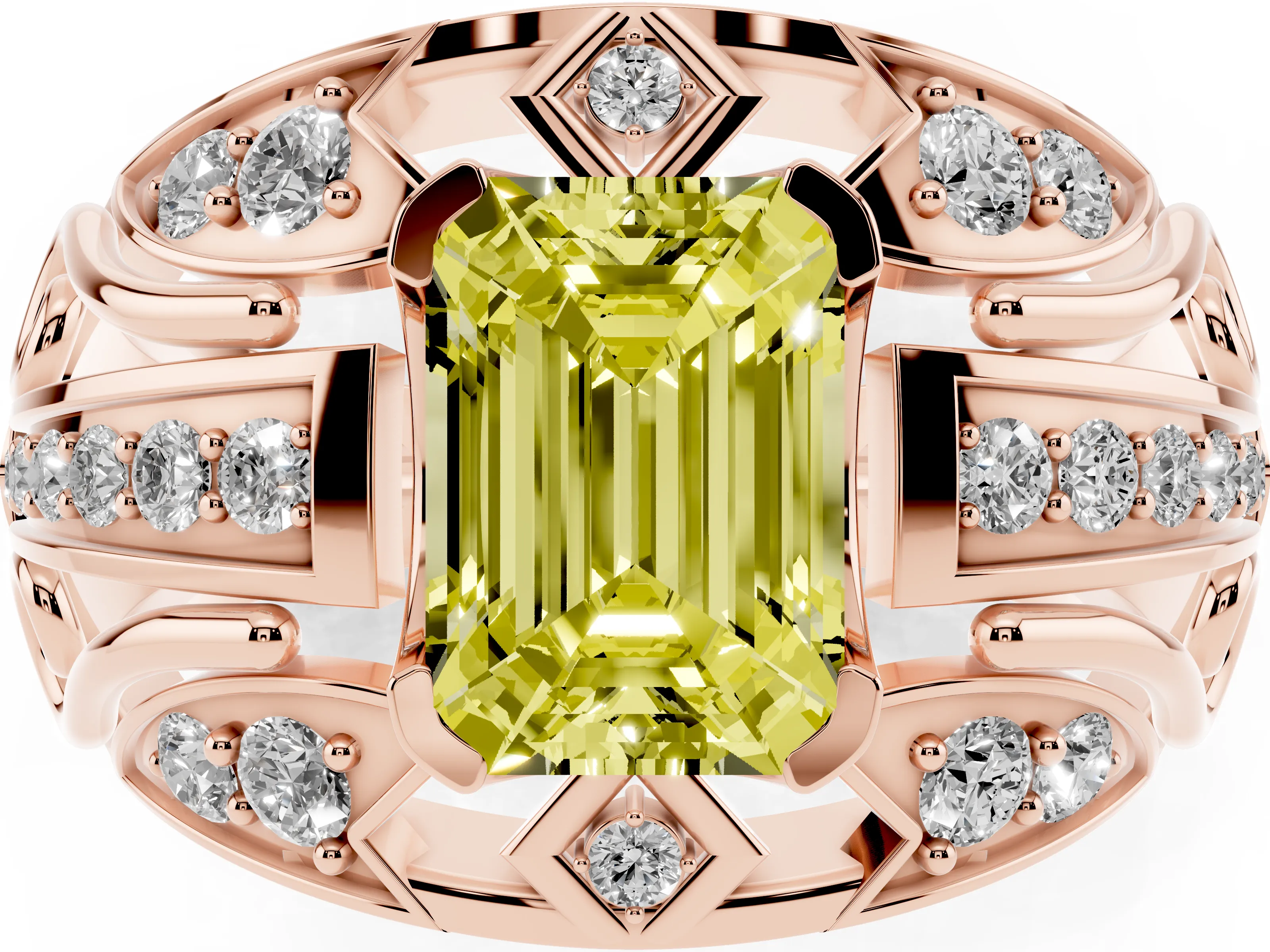 Fancy Yellow Emerald Cut Diamond Art Deco Ring Set in Rose gold with Pavé Split Shank
