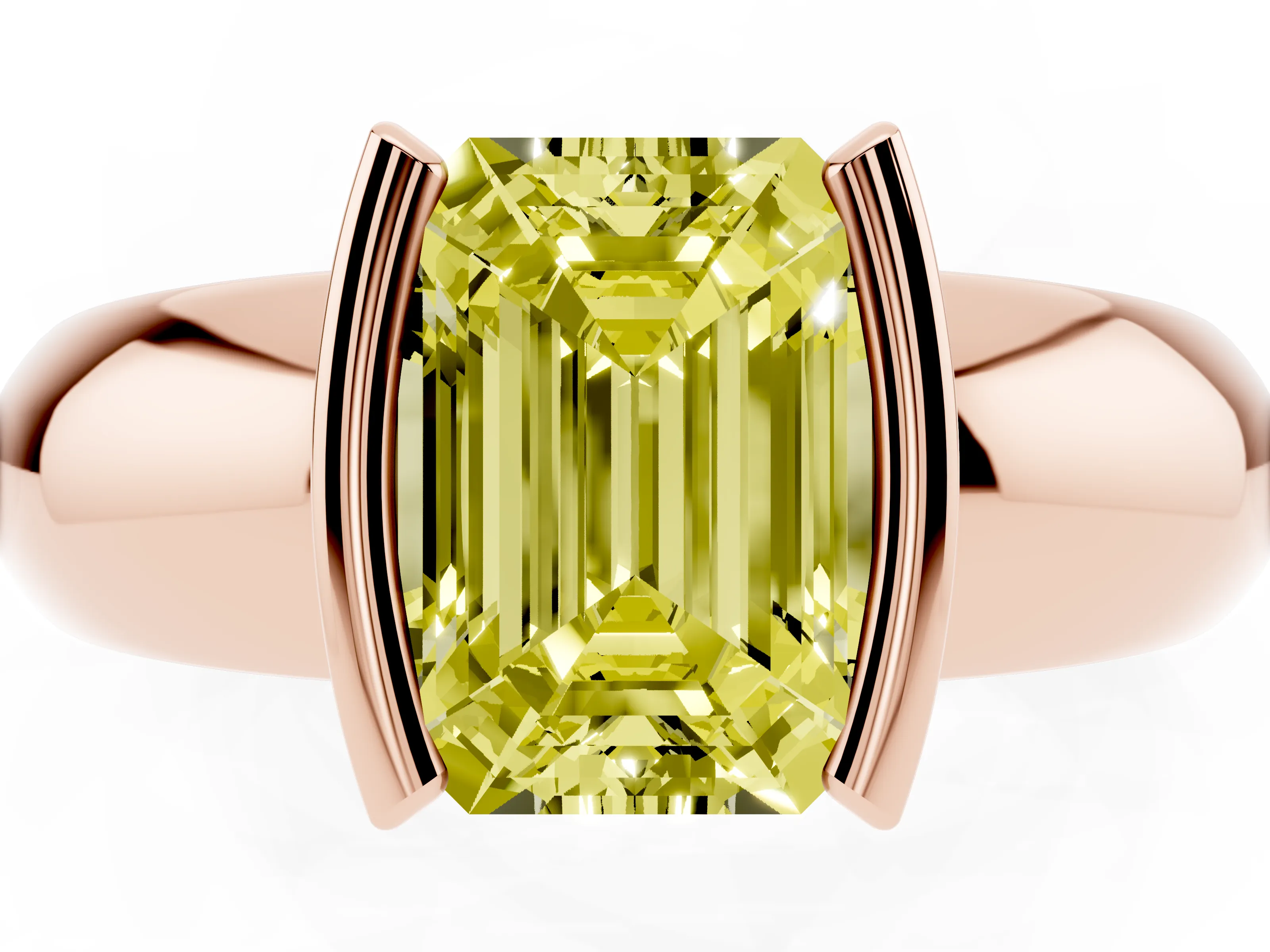 Fancy Yellow Emerald Cut Diamond Solitaire Tension Set Ring Set in Rose gold with Wide Band