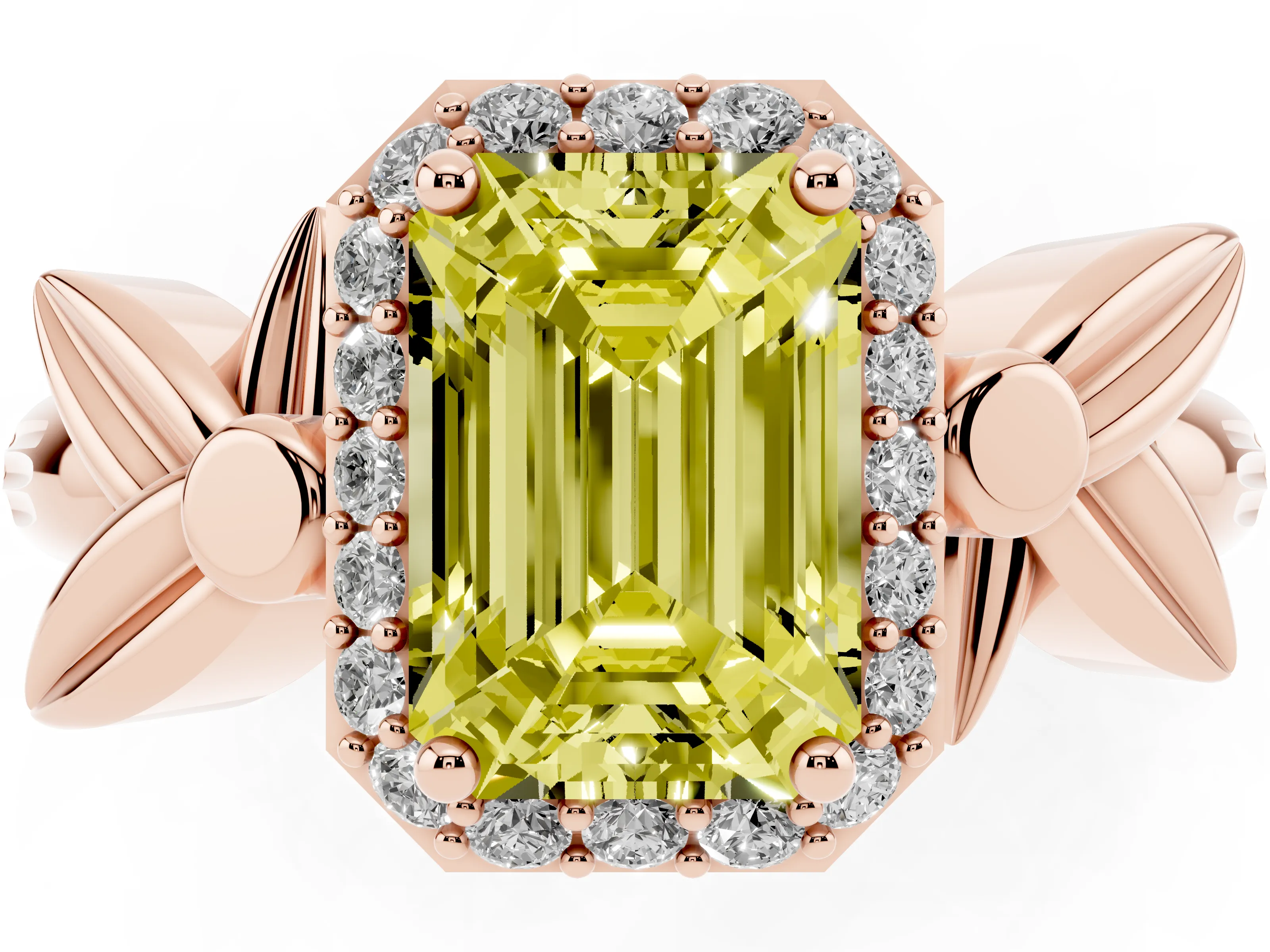 Fancy Yellow Emerald Cut Diamond Halo Floral Band Ring Set in Rose gold with Prong Setting