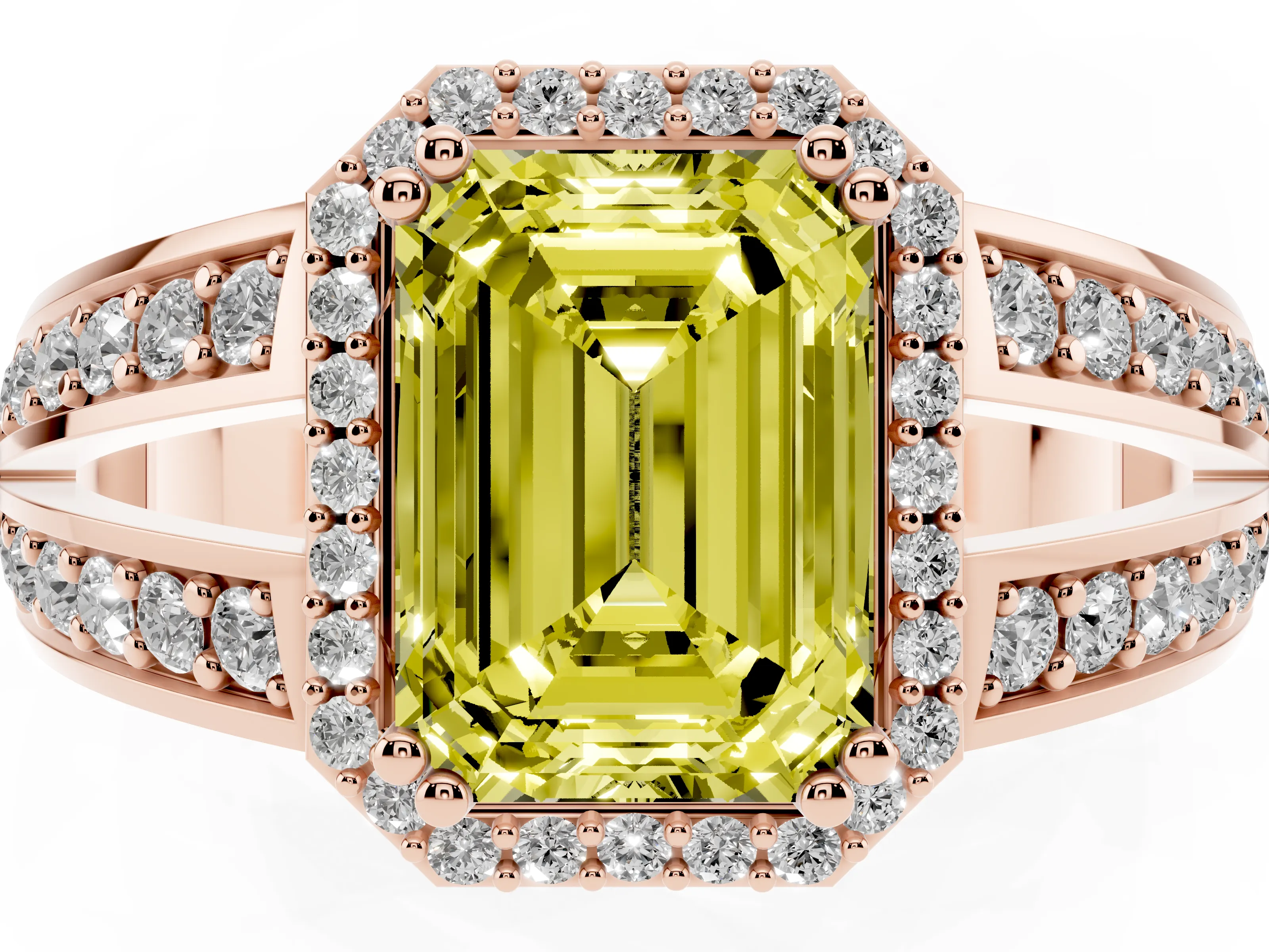 Fancy Yellow Emerald Cut Diamond Halo Ring Set in Rose gold with Double Pavé Split Shank