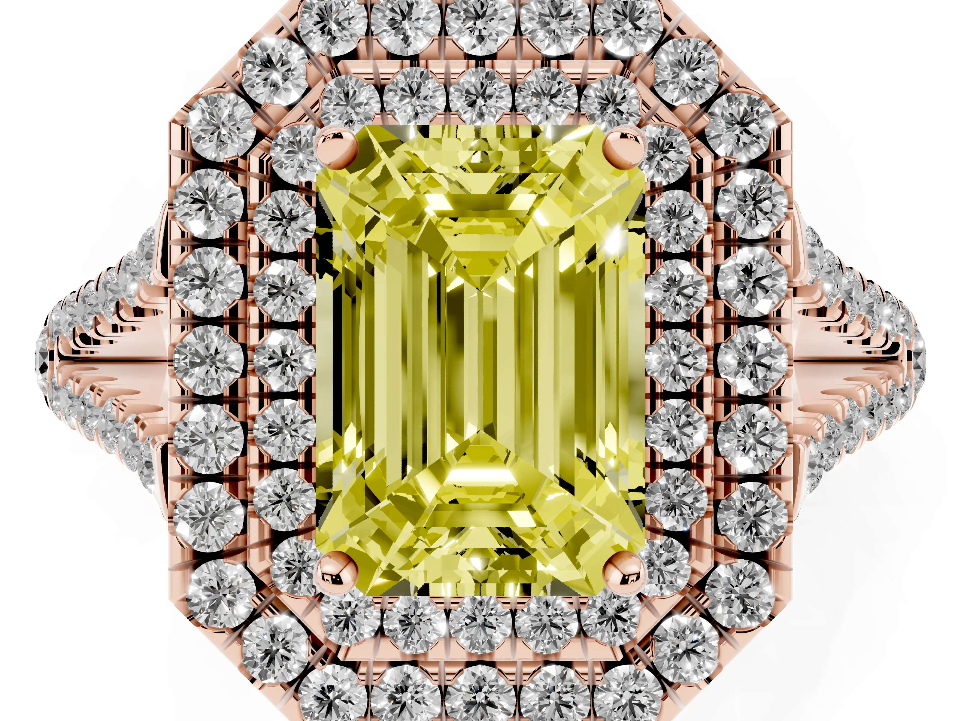 Fancy Yellow Emerald Cut Diamond Double Halo Ring Set in Rose gold with Pavé Band