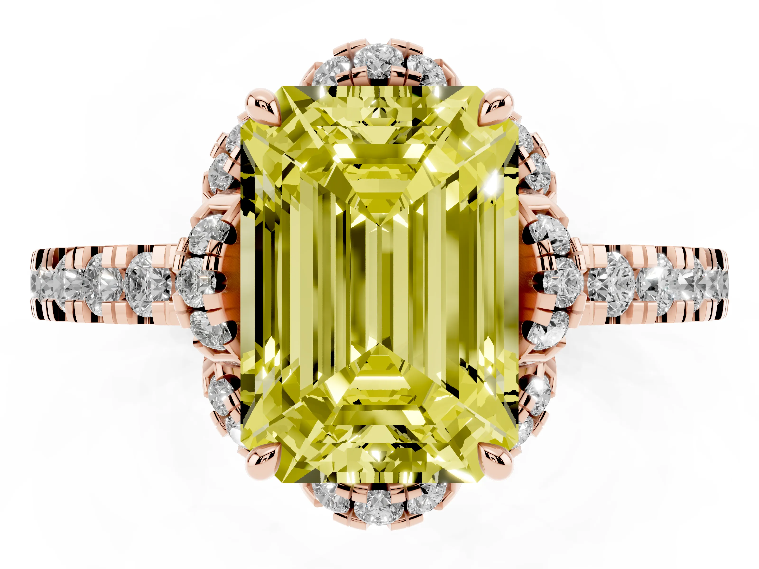 Fancy Yellow Emerald Cut Diamond Halo Pavé Band Ring Set in Rose gold with Prong-Held Center