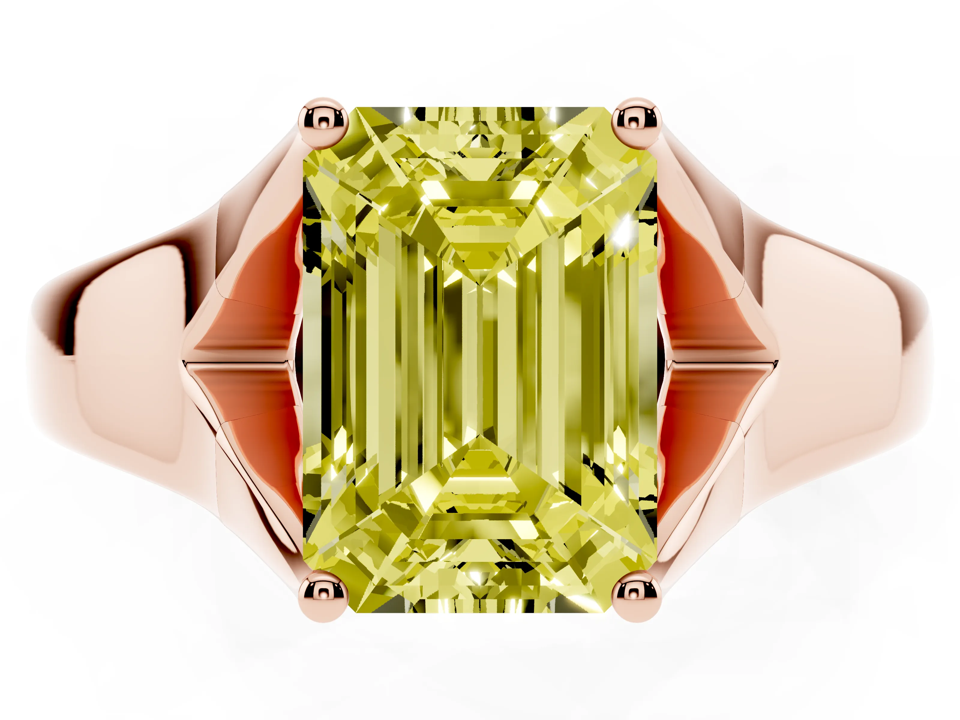 Fancy Yellow Emerald Cut Diamond Solitaire Ring Set in Rose gold with Arched Cathedral Band and Prong Setting