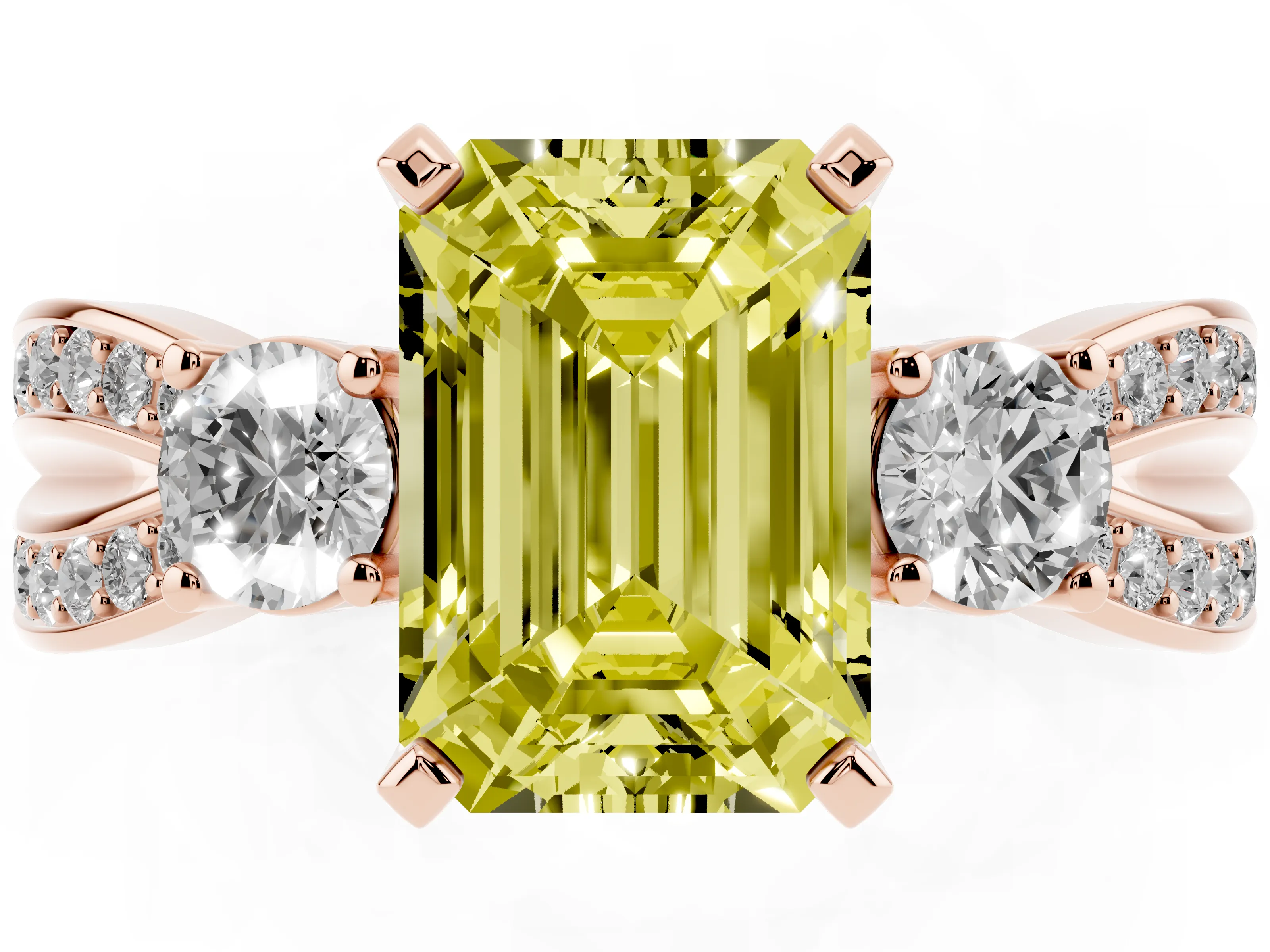 Fancy Yellow Three-Stone Emerald Cut Diamond Twist Band Ring Set in Rose gold with Pavé Accents and Prong Setting