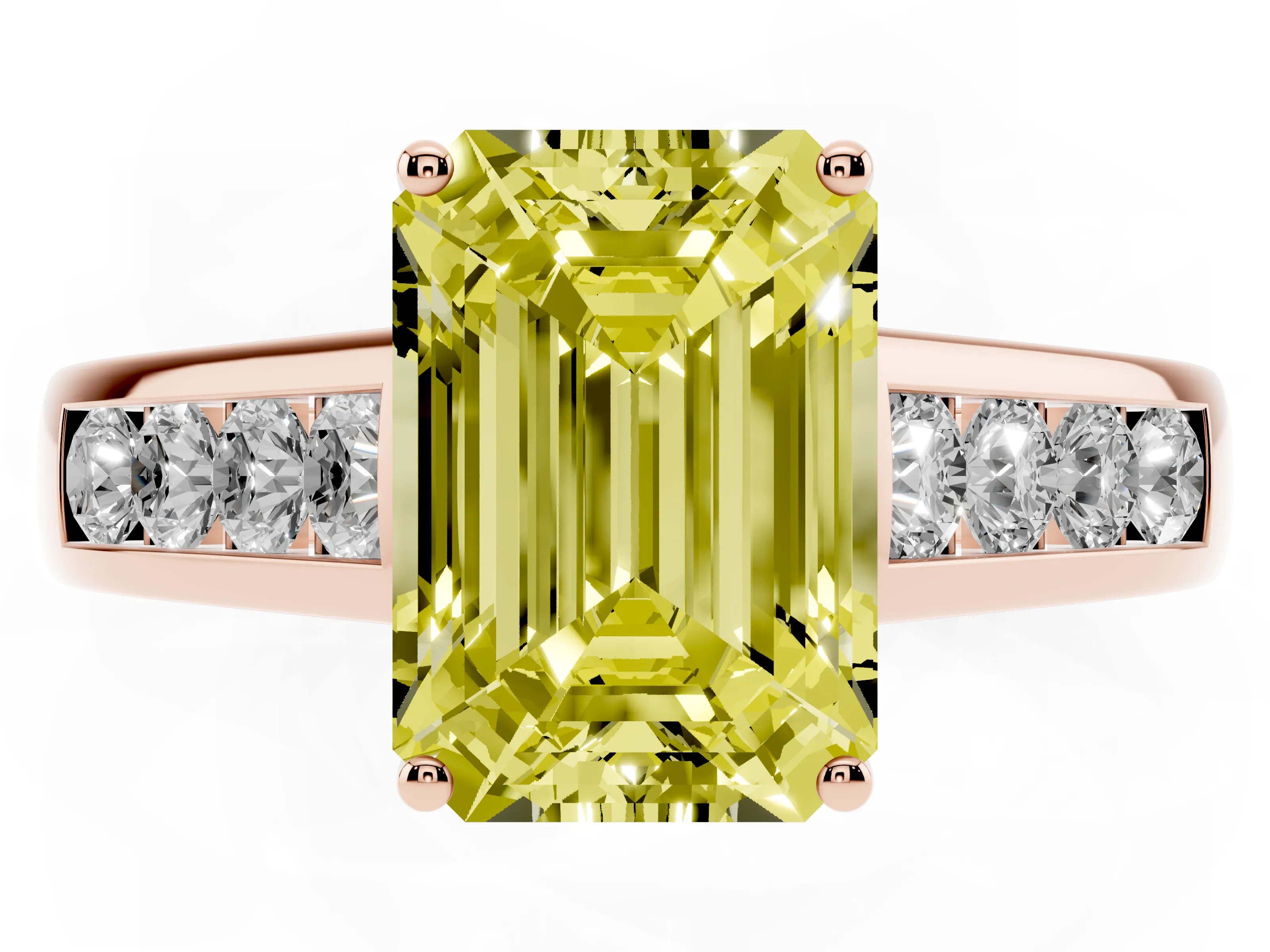 Fancy Yellow Emerald Cut Diamond Solitaire Channel-Set Engagement Ring Set in Rose gold with Prong Setting