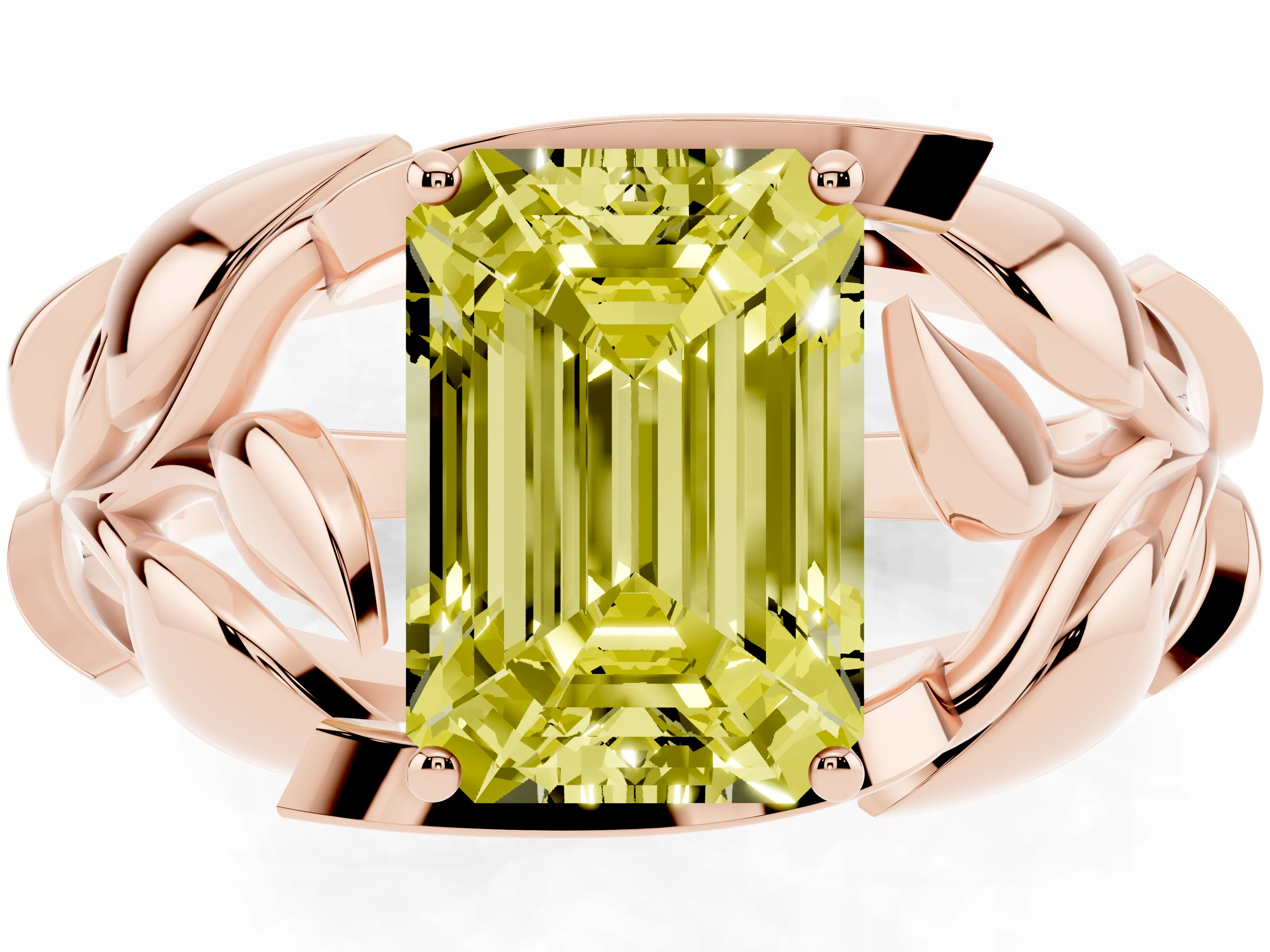 Fancy Yellow Emerald Cut Diamond Leaf-Inspired Engagement Ring Set in Rose gold with Round Accents