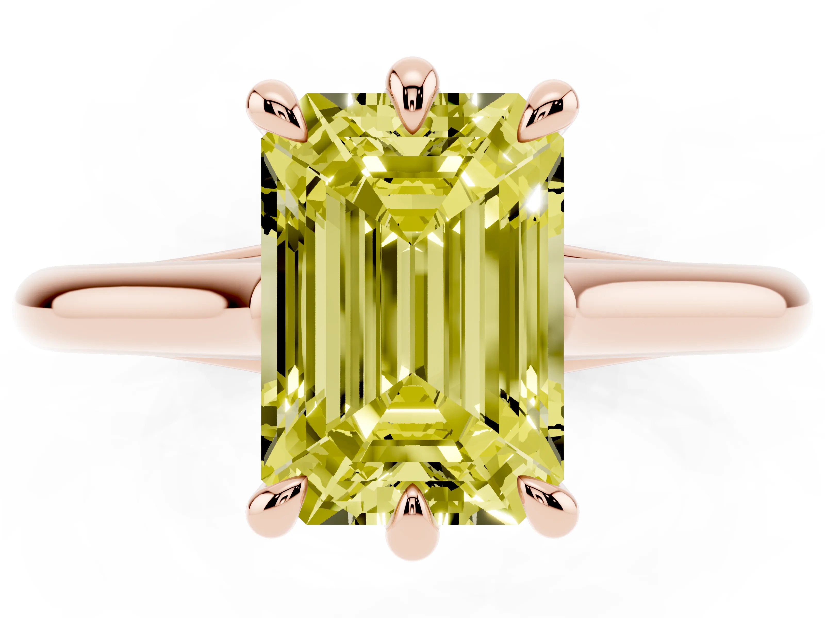 Fancy Yellow Emerald Cut Diamond Solitaire Engagement Ring Set in Rose gold with Prong Setting and Plain Classic Band