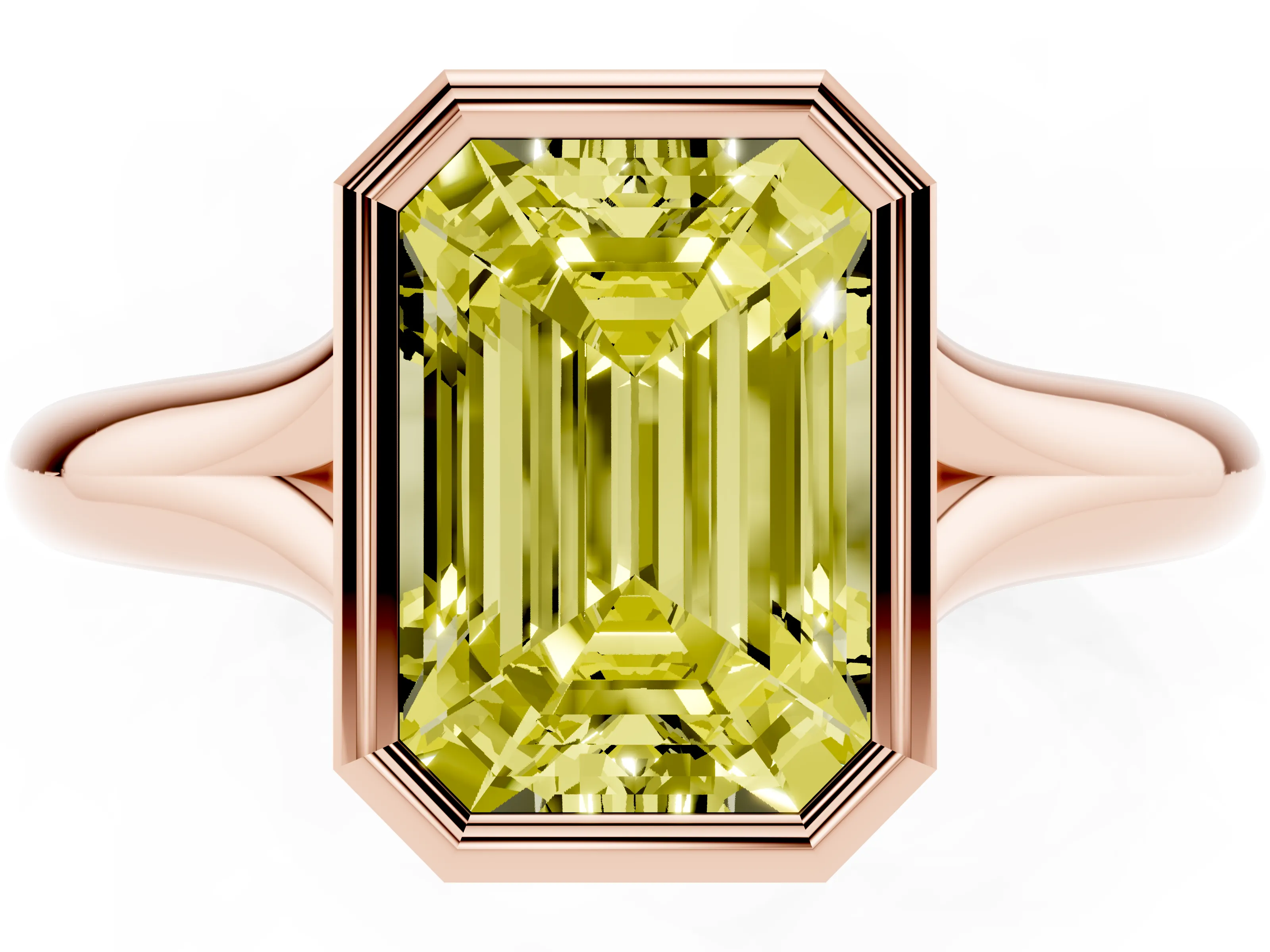 Fancy Yellow Bezel Set Emerald Cut Diamond Solitaire Ring Set in Rose gold with Smooth Band