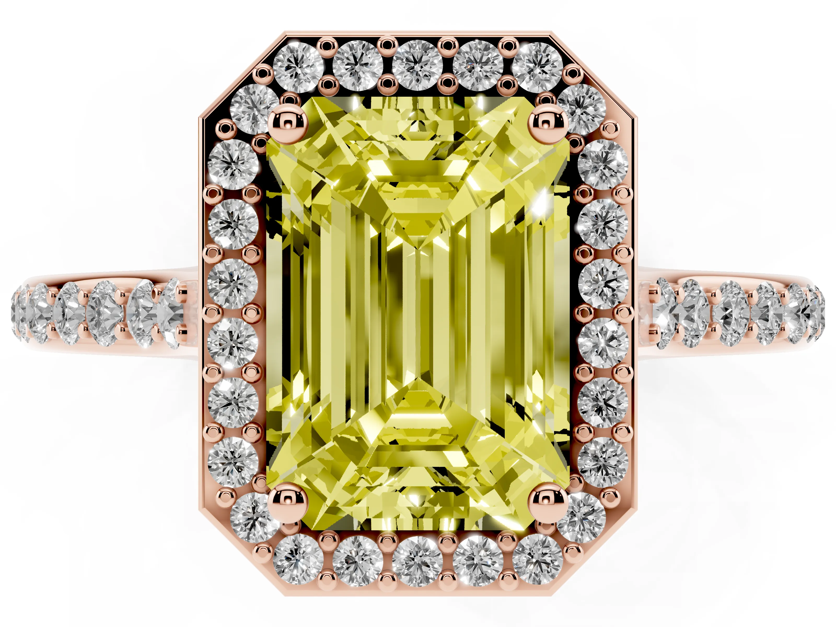 Fancy Yellow Emerald Cut Diamond Halo Engagement Ring Set in Rose gold with Round Pavé Shoulders and Heart Gallery