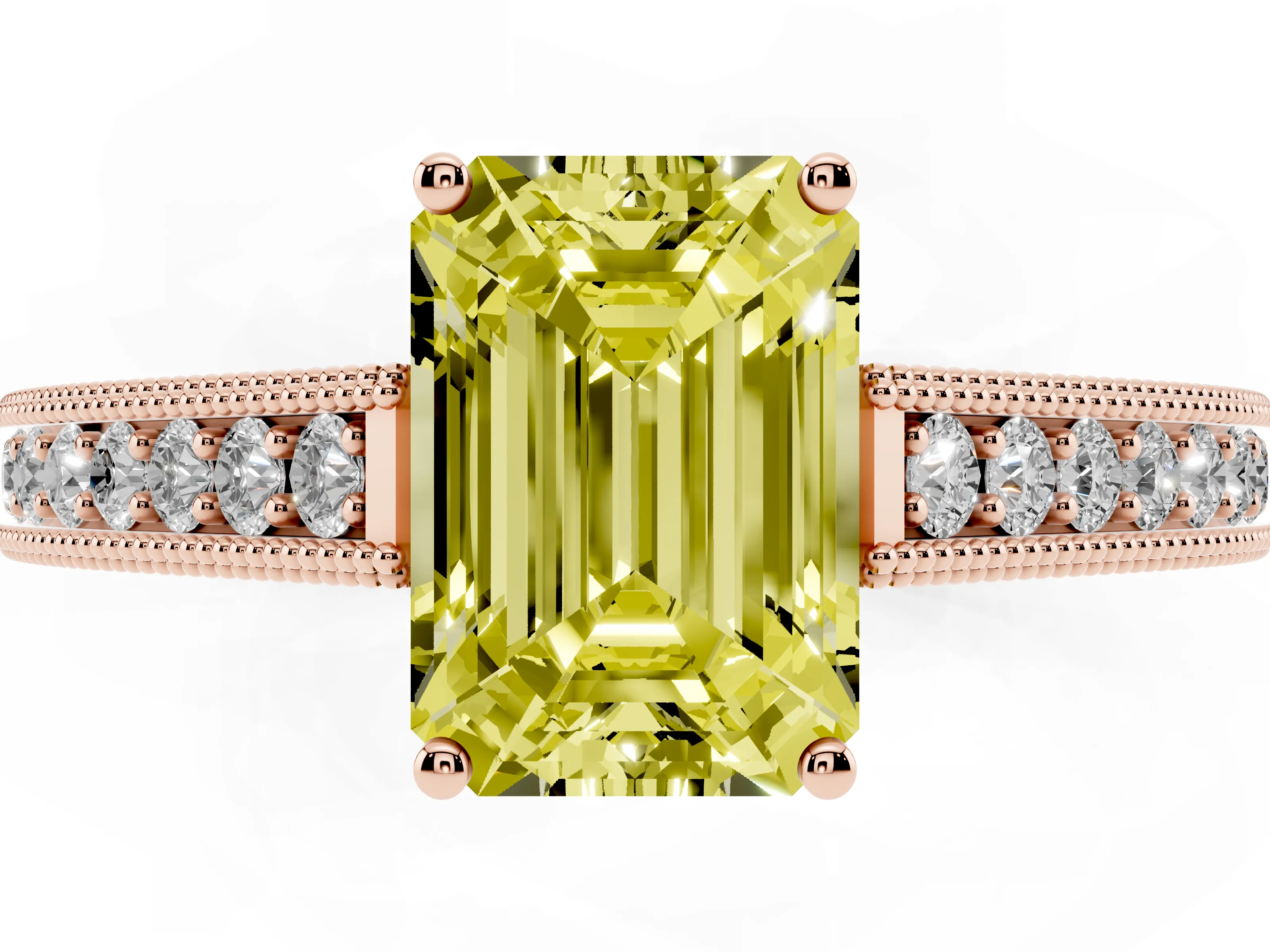 Fancy Yellow Emerald Cut Diamond Milgrain Pavé Band Solitaire Ring Set in Rose gold with Prong Setting