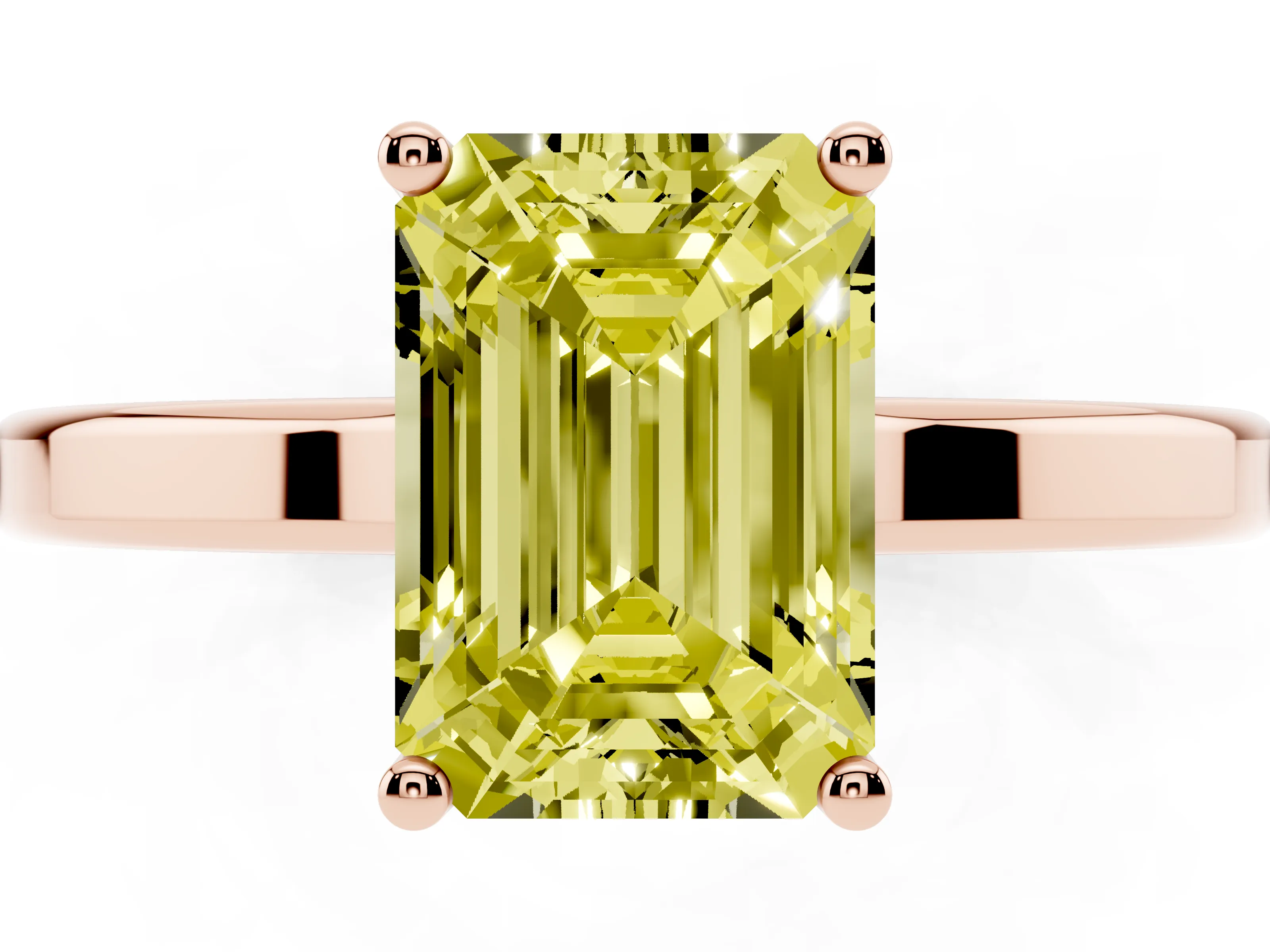 Fancy Yellow Emerald Cut Diamond Solitaire Engagement Ring Set in Rose gold with Prong Setting on a Plain Band