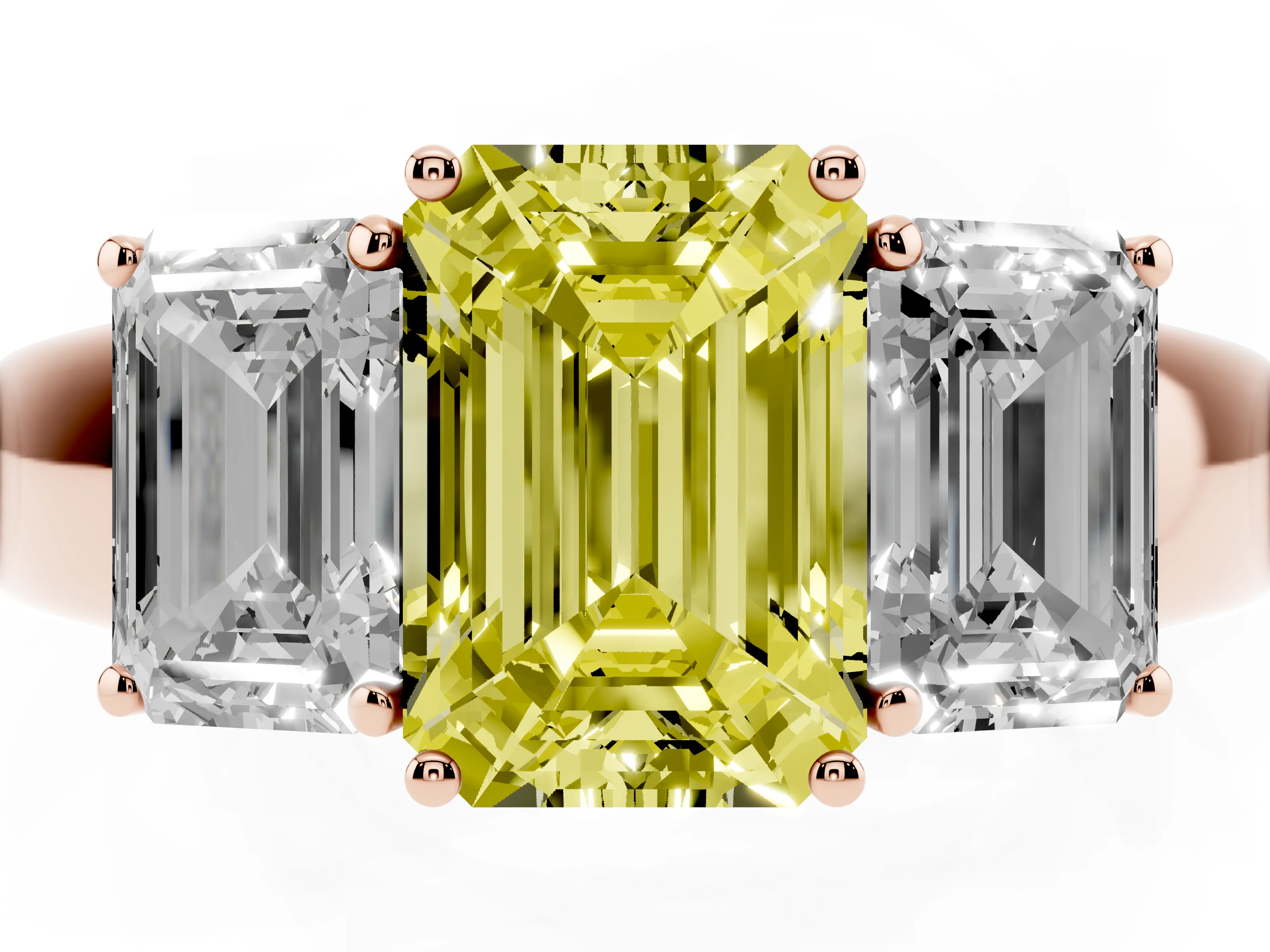 Fancy Yellow Three-Stone Emerald Cut Diamond Ring Set in Rose gold with Matching Prong Settings and Plain Band