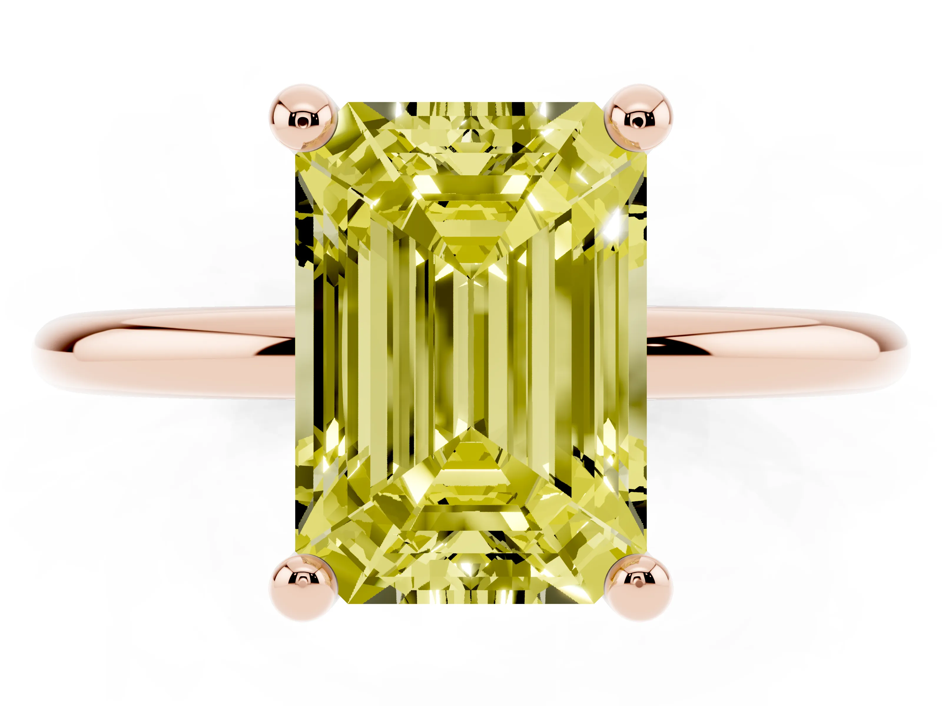 Fancy Yellow Emerald Cut Diamond Solitaire Ring Set in Rose gold with Secure Prong Setting on a Classic Band