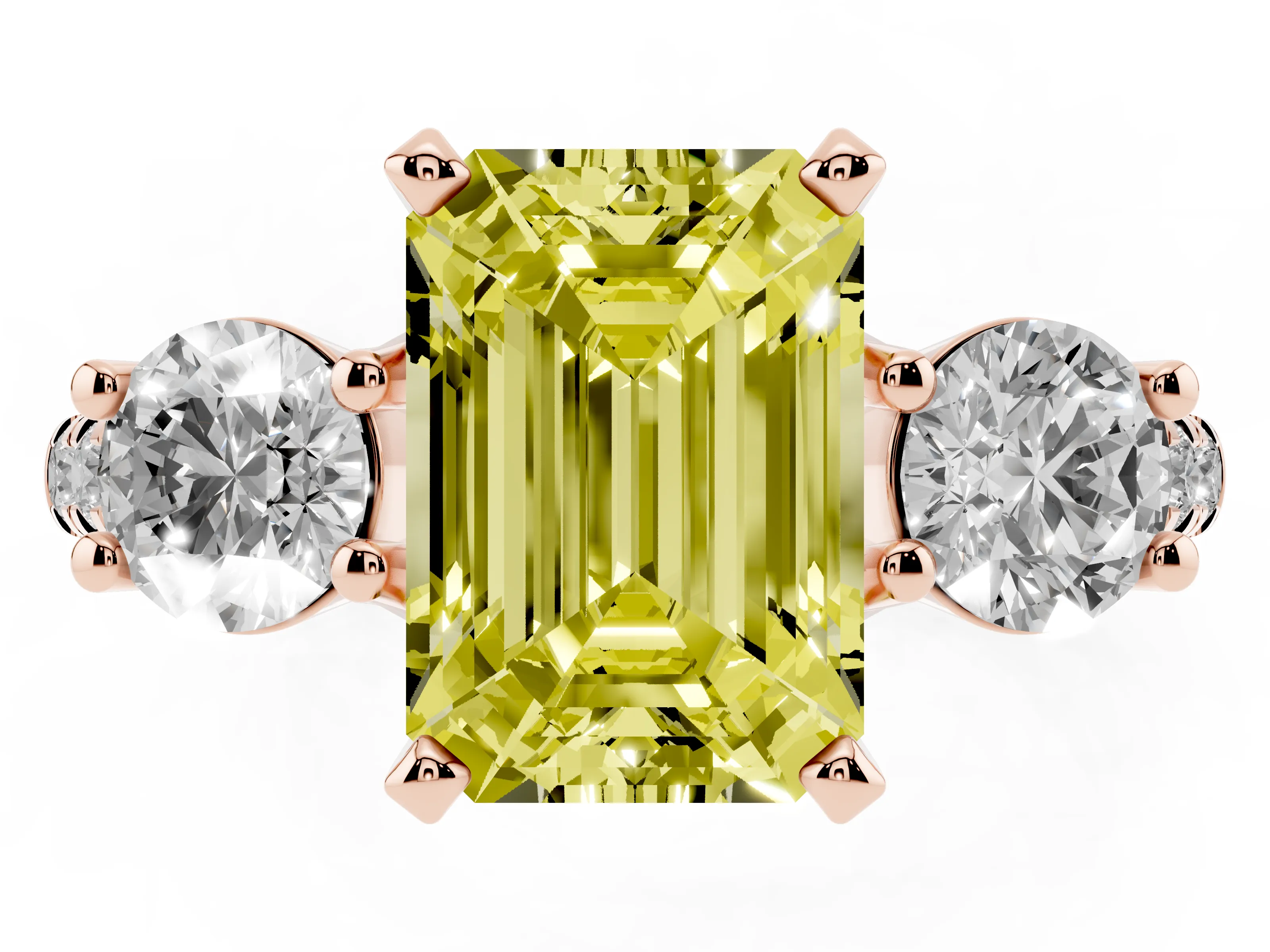 Fancy Yellow Three-Stone Emerald Cut Diamond Pavé Band Ring Set in Rose gold with Prong-Set Trio