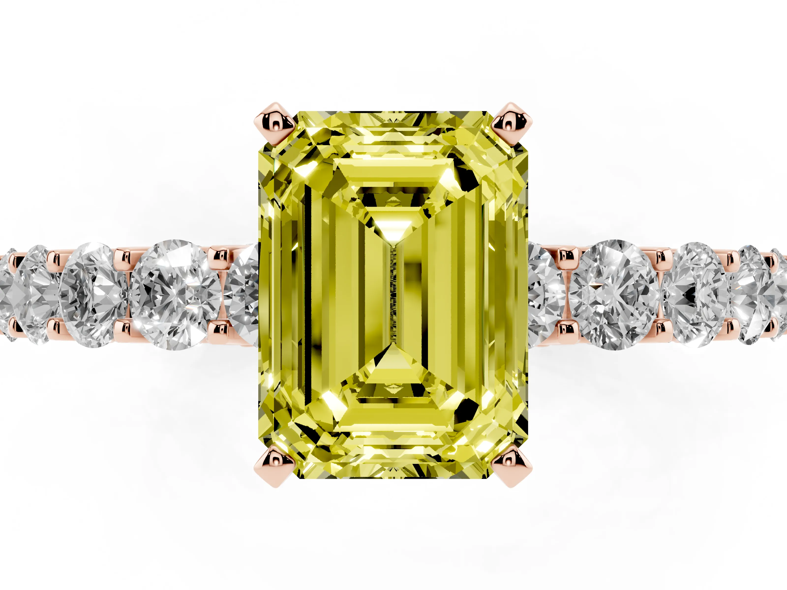 Fancy Yellow Emerald Cut Diamond Solitaire Ring Set in Rose gold with Shared Prong Pavé Band