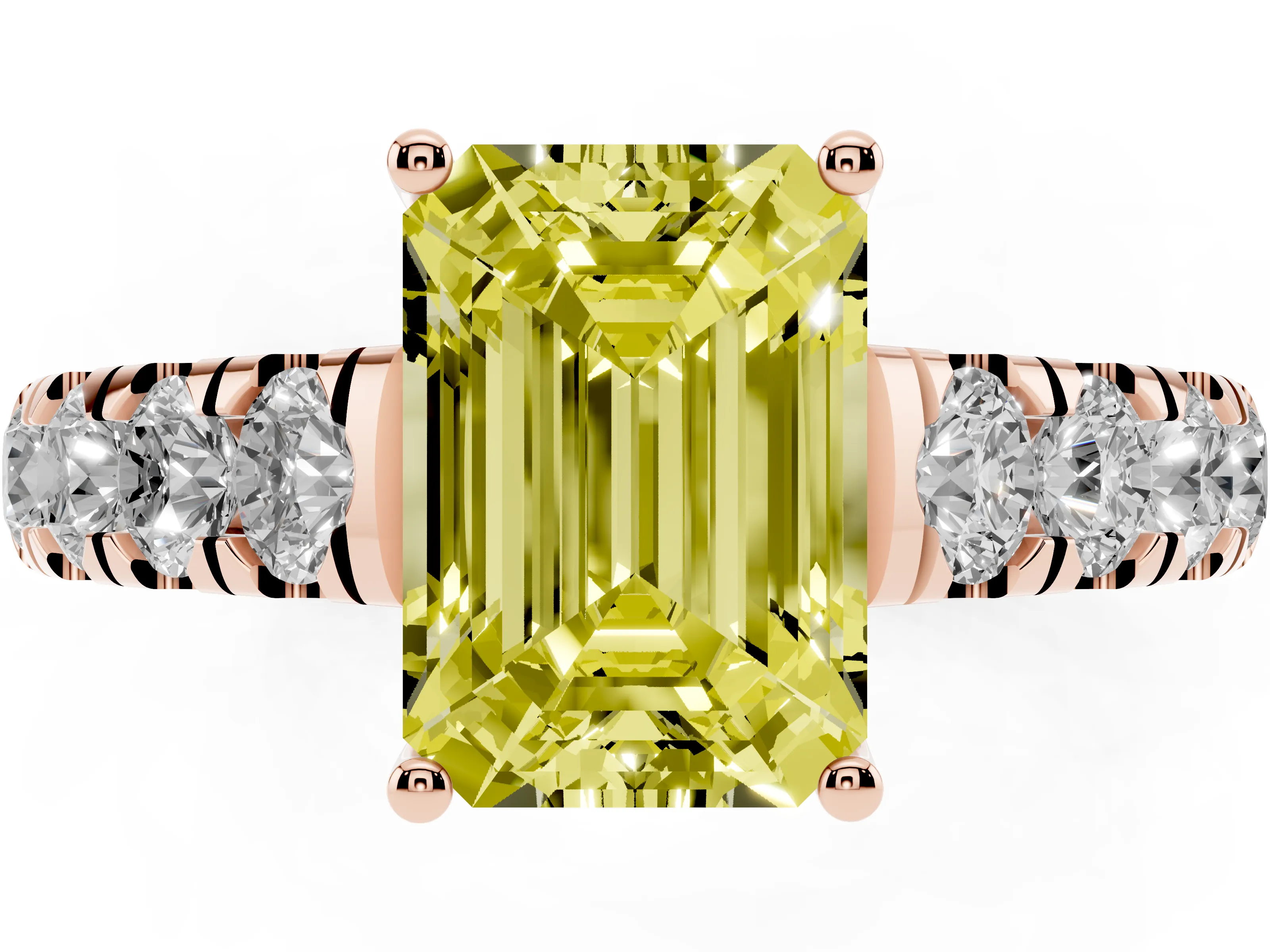 Fancy Yellow Emerald Cut Diamond Solitaire Ring Set in Rose gold with Cut-Down Micro Pavé Band and Prong Setting