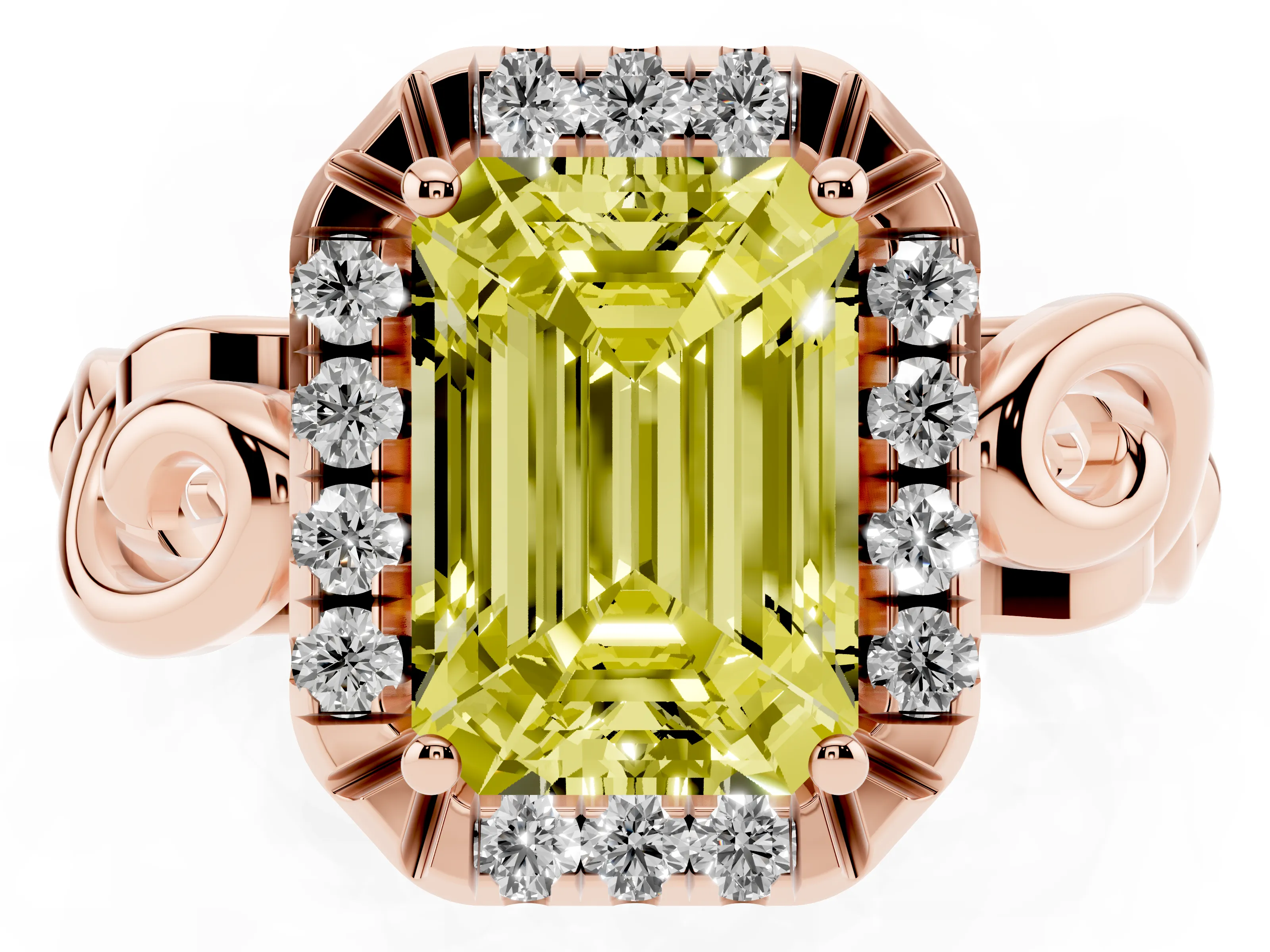 Fancy Yellow Emerald Cut Diamond Halo Ring Set in Rose gold with Scrollwork Band and Prong Setting