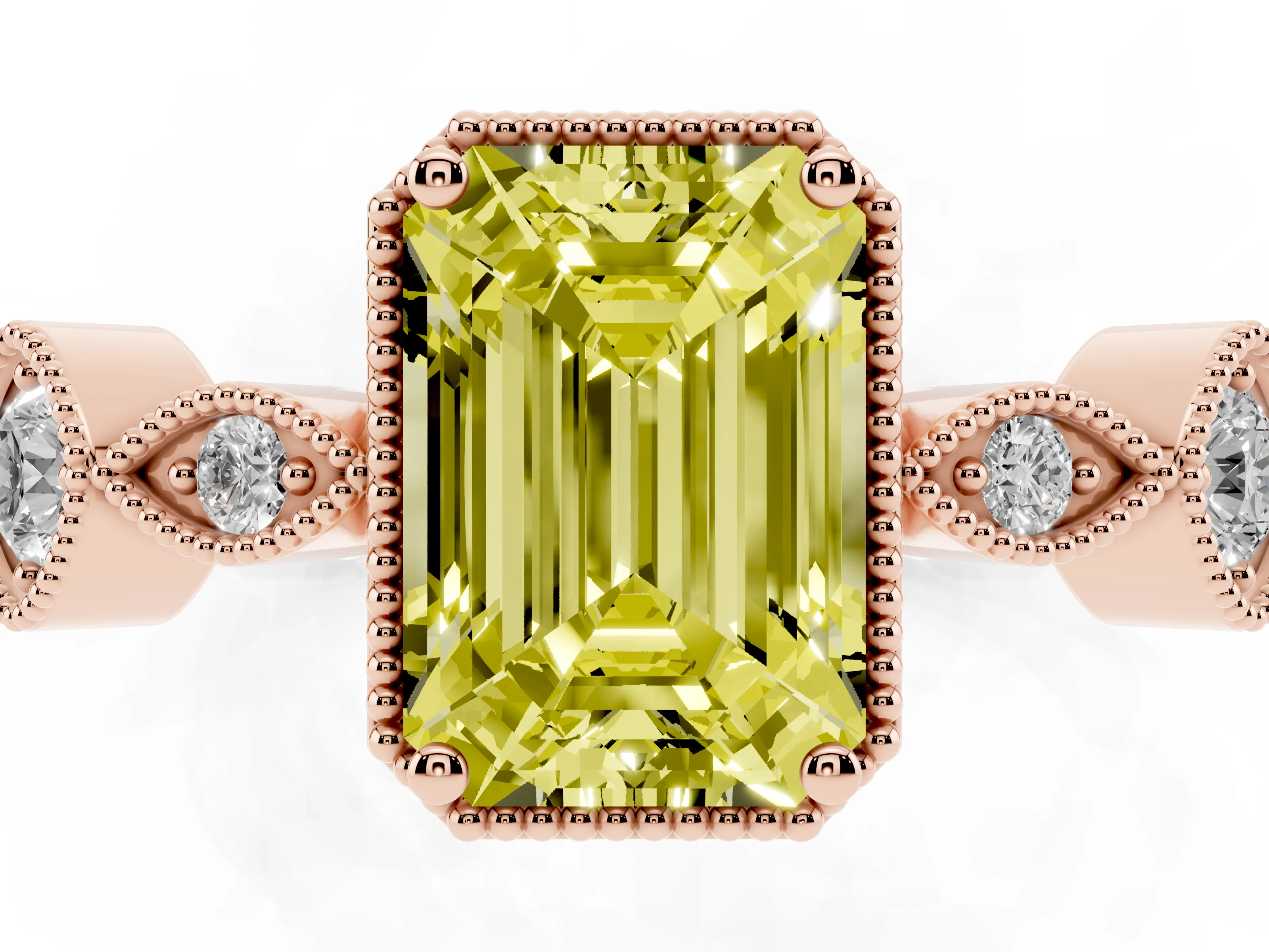 Fancy Yellow Emerald Cut Diamond Vintage-Inspired Milgrain Ring Set in Rose gold with Marquise Stations of Round Accents