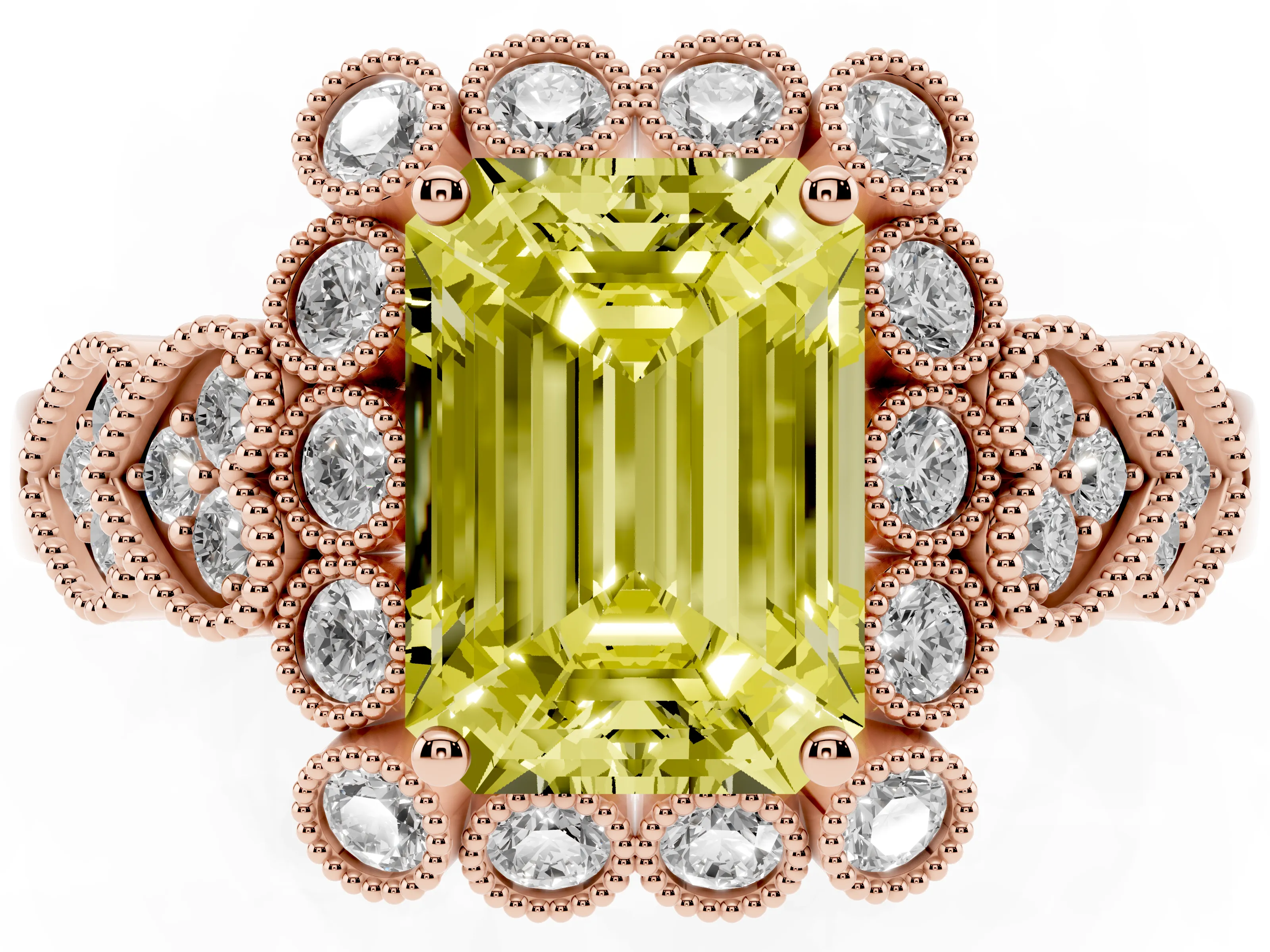 Fancy Yellow Emerald Cut Diamond Solitaire Ring Set in Rose gold with Milgrain Pavé Heart Band