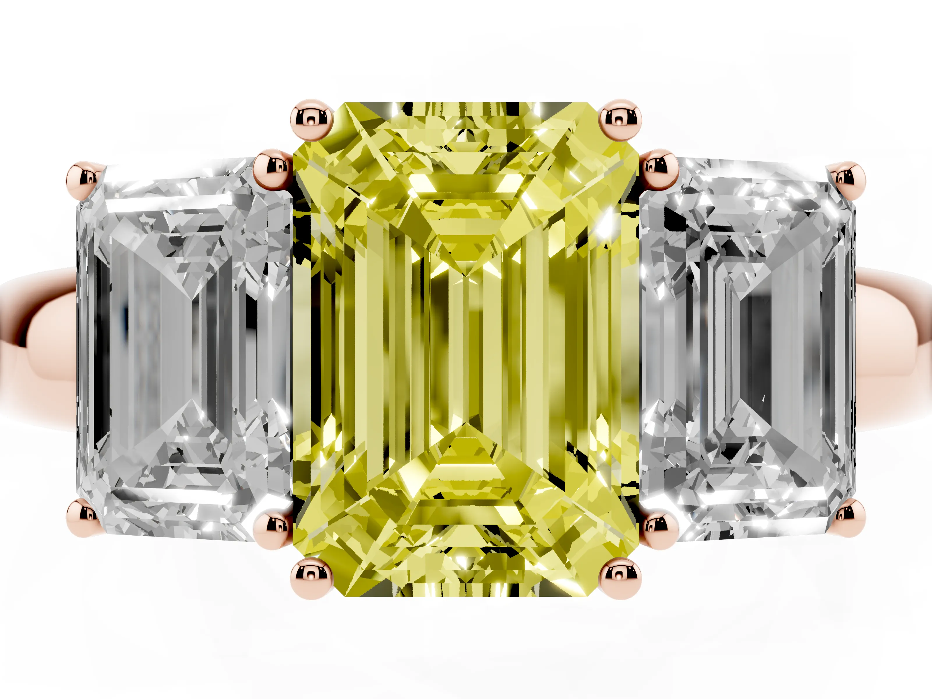 Fancy Yellow Emerald Cut Diamond Three-Stone Ring Set in Rose gold with Bold Center and Classic Band