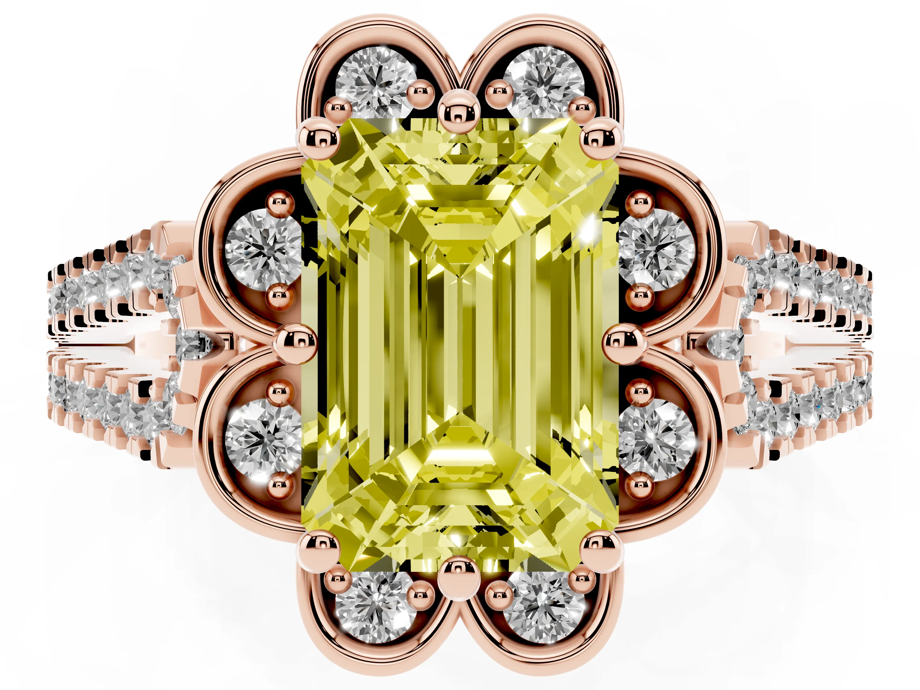 Fancy Yellow Emerald Cut Diamond Floral Halo Split Shank Engagement Ring Set in Rose gold with Pavé Shank