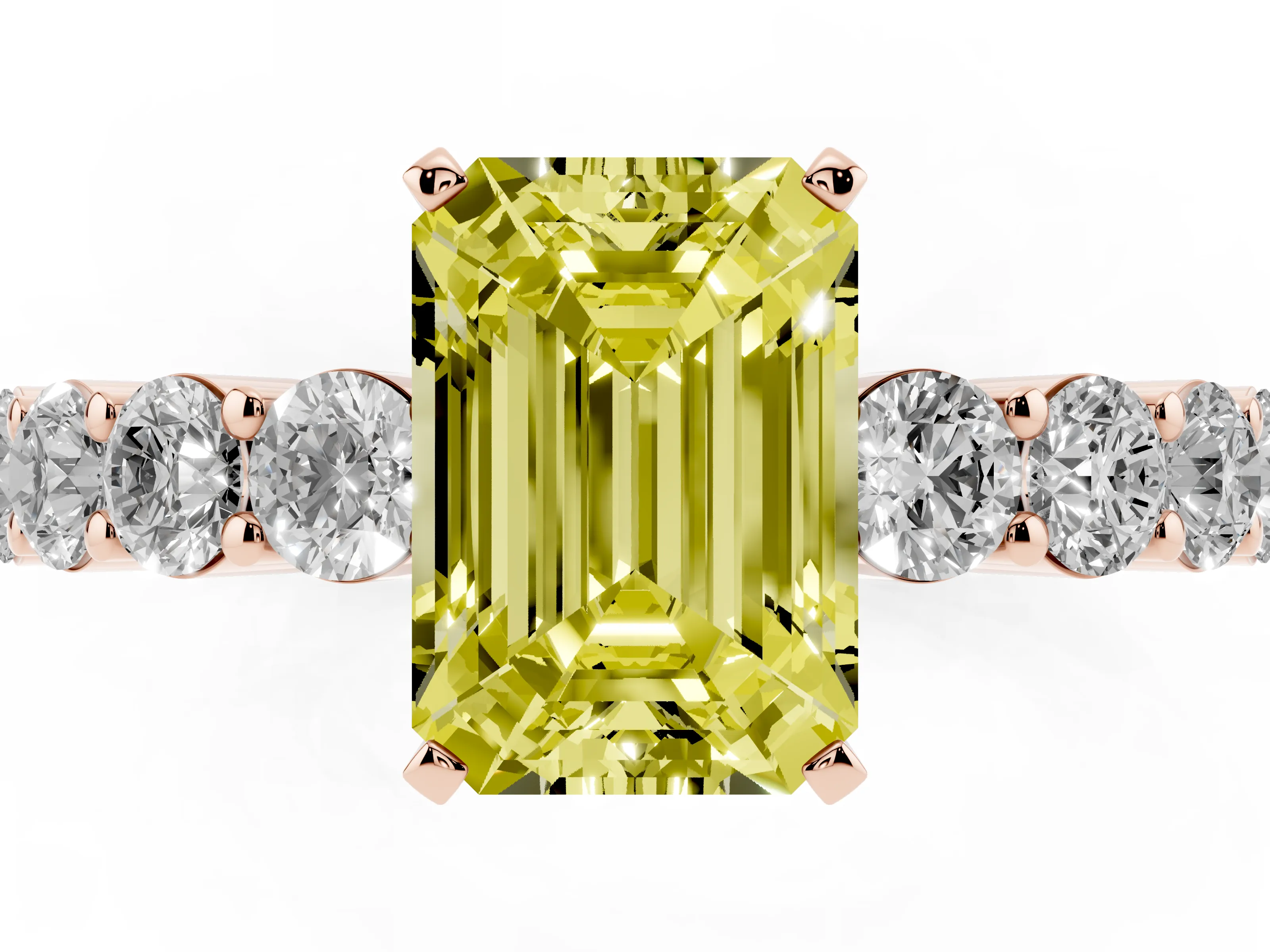 Fancy Yellow Emerald Cut Diamond Solitaire Ring Set in Rose gold with Shared Prong Round Side Stones